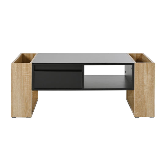 Modern coffee table with black drawer and oak veneer sides