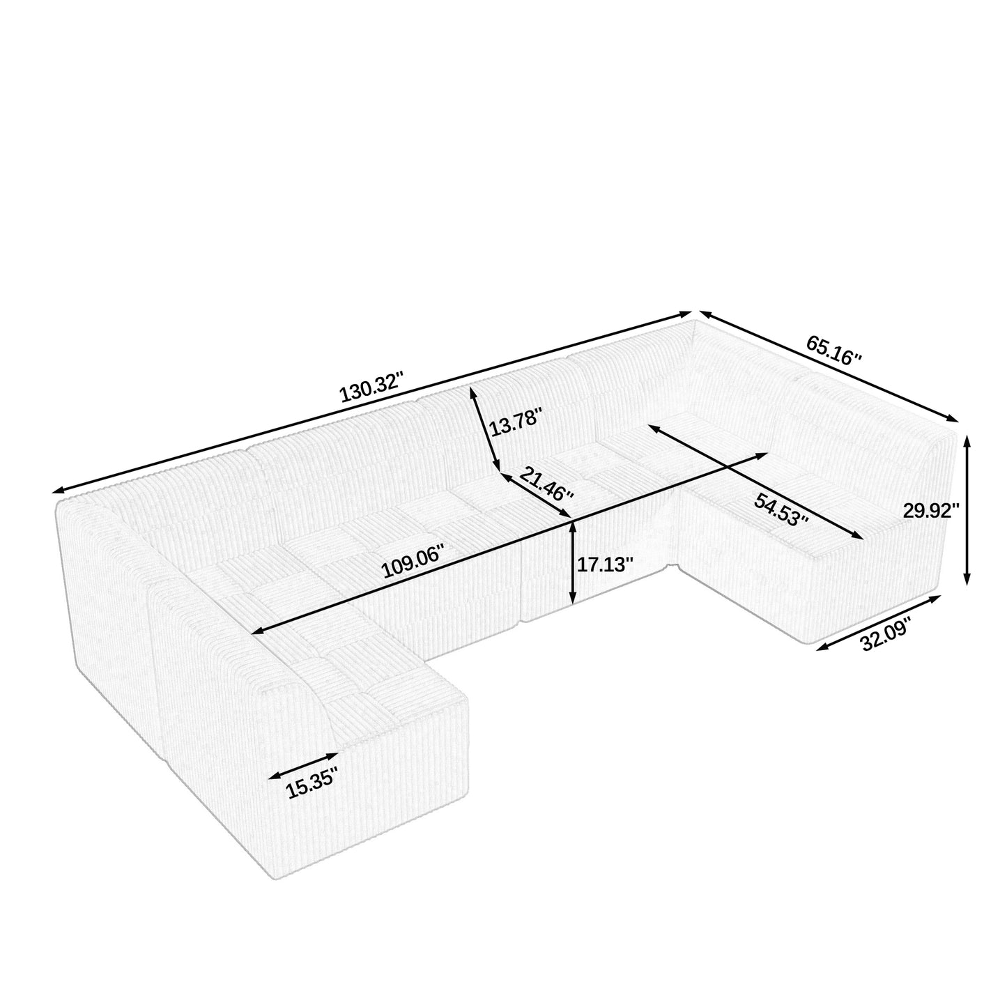 Ushaped sectional sofa with plush ribbed upholstery and precise dimensions outlined for furniture placement