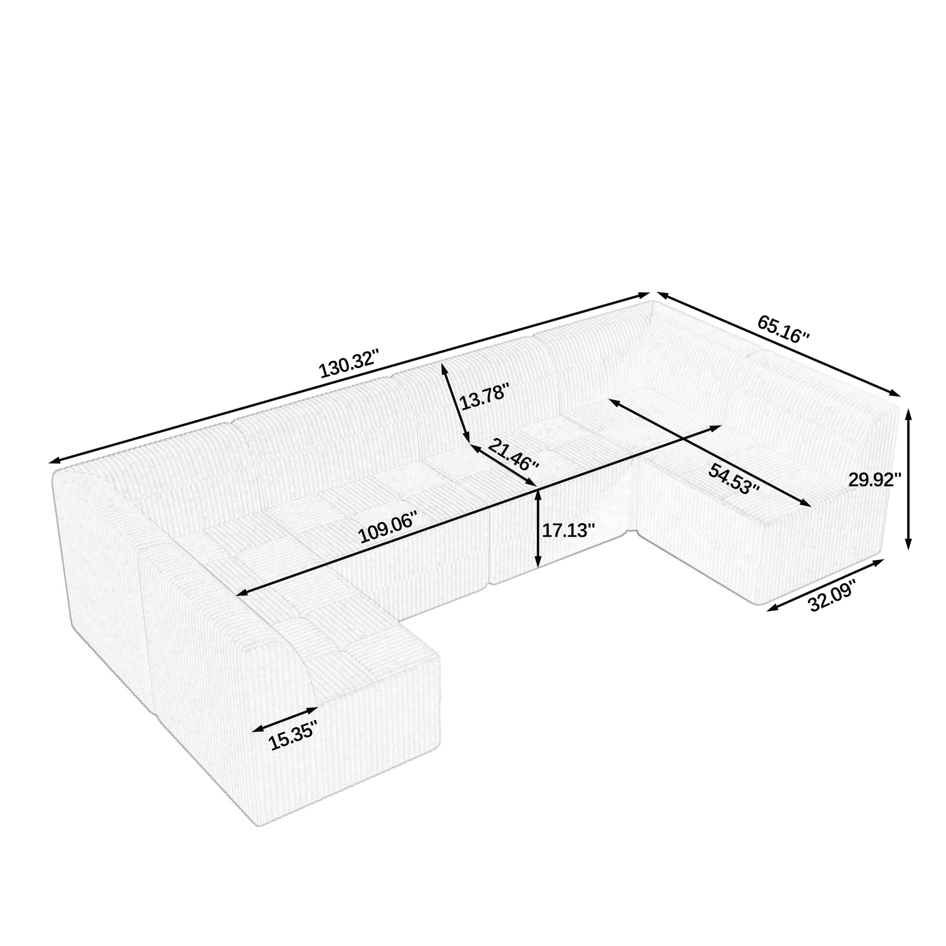 Ushaped sectional sofa with plush ribbed upholstery and precise dimensions outlined for furniture placement