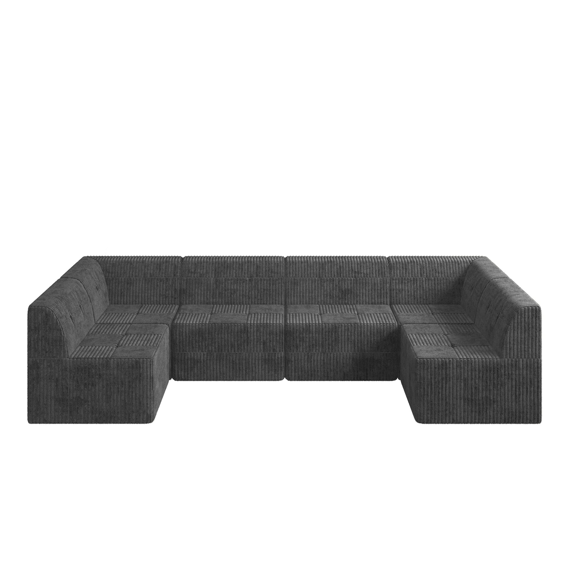 Deep charcoal sectional sofa with textured corduroy fabric and modular design