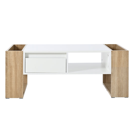 Modern white and oak coffee table with drawer and open shelf
