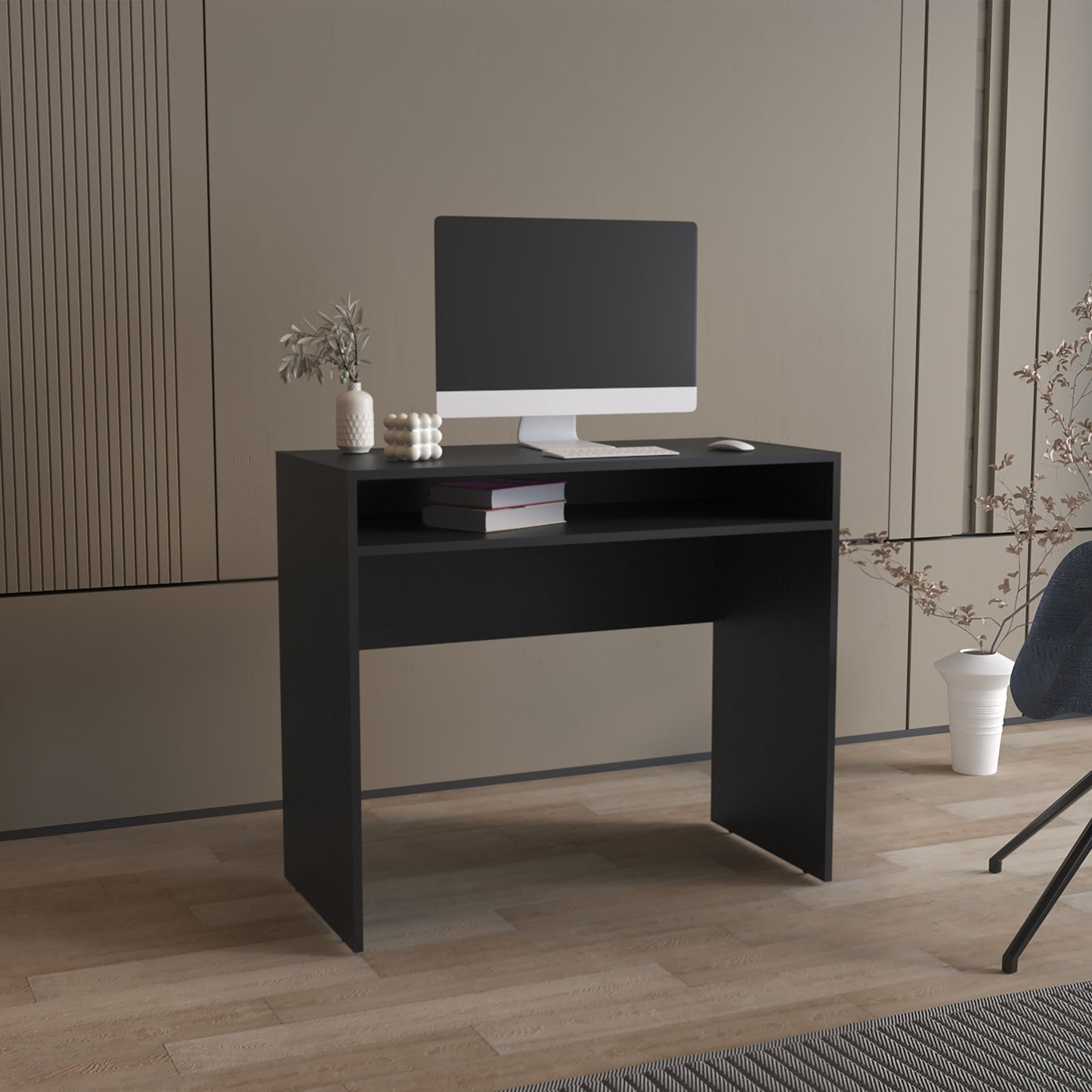 Sleek black modern computer desk with open shelf and dual pedestal legs