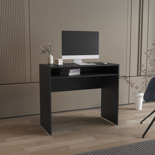 Sleek black modern computer desk with open shelf and dual pedestal legs
