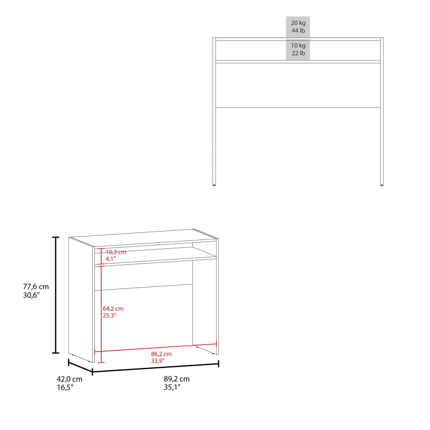 Diagram of a small modern desk with dimensions labeled Keyword modern desk
