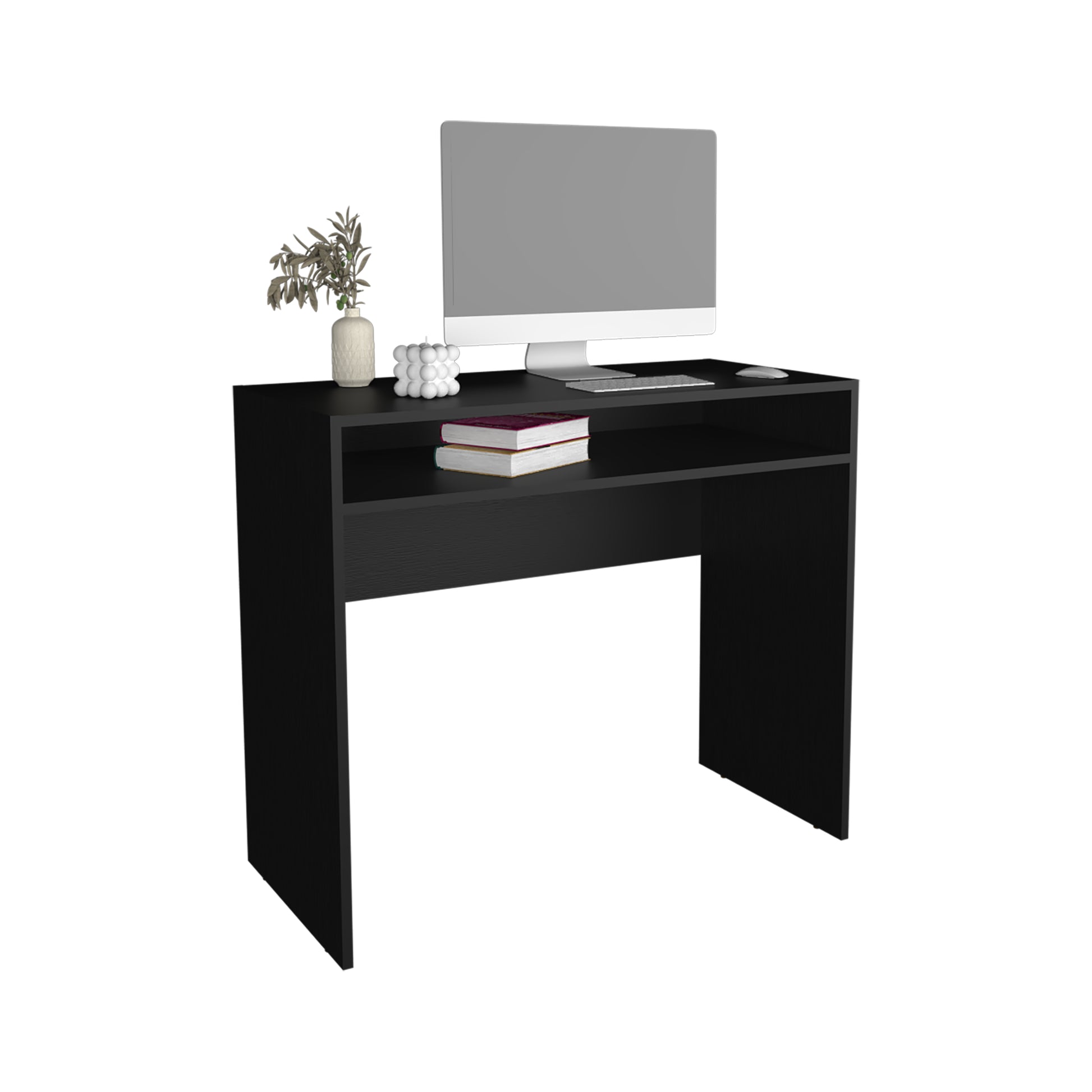 Sleek black modern writing desk with integrated shelf perfect for home office setups