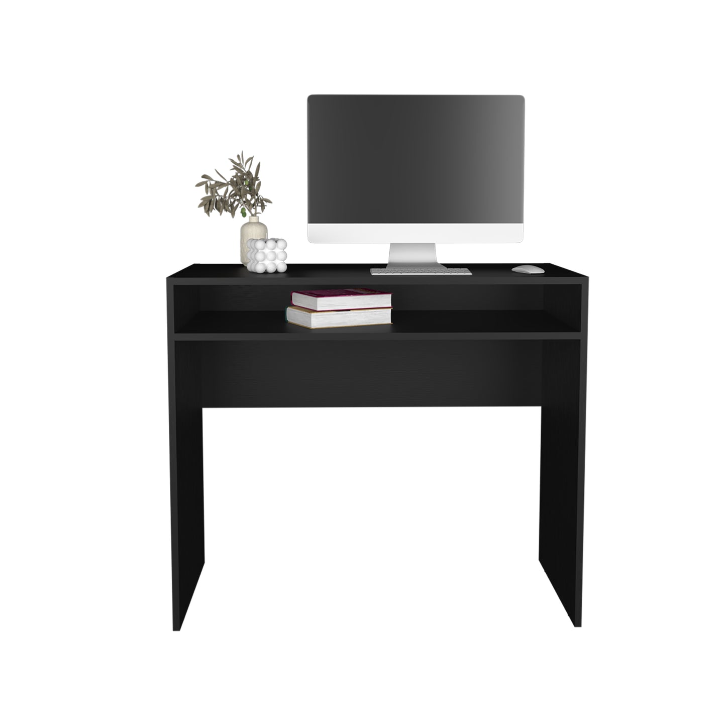 Sleek black computer desk with a shelf perfect for a modern home office setup