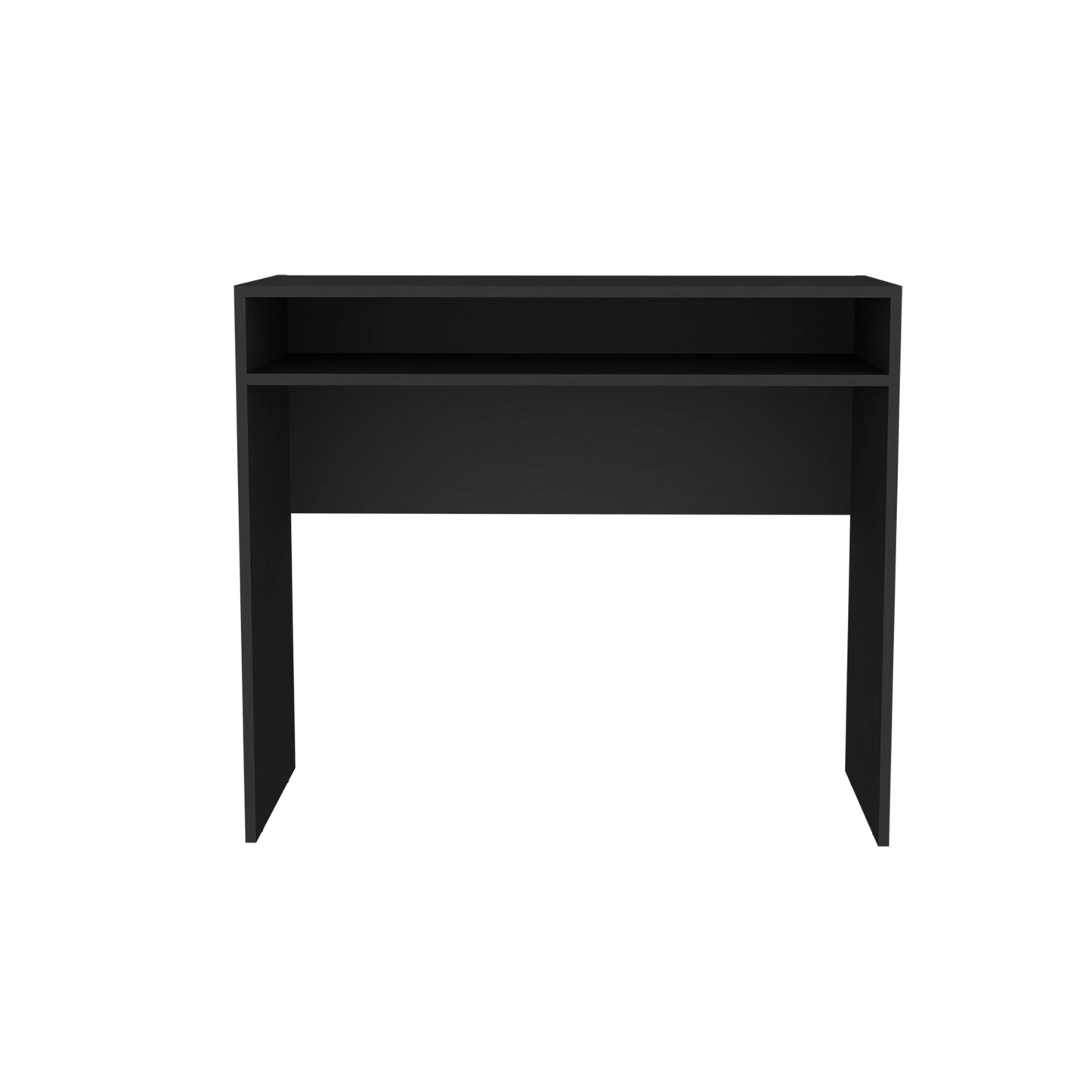 Sleek black console table with two open shelves for storage and display