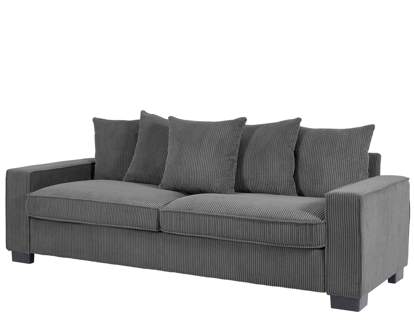 Gray corduroy sofa with four matching plush throw pillows for modern living rooms