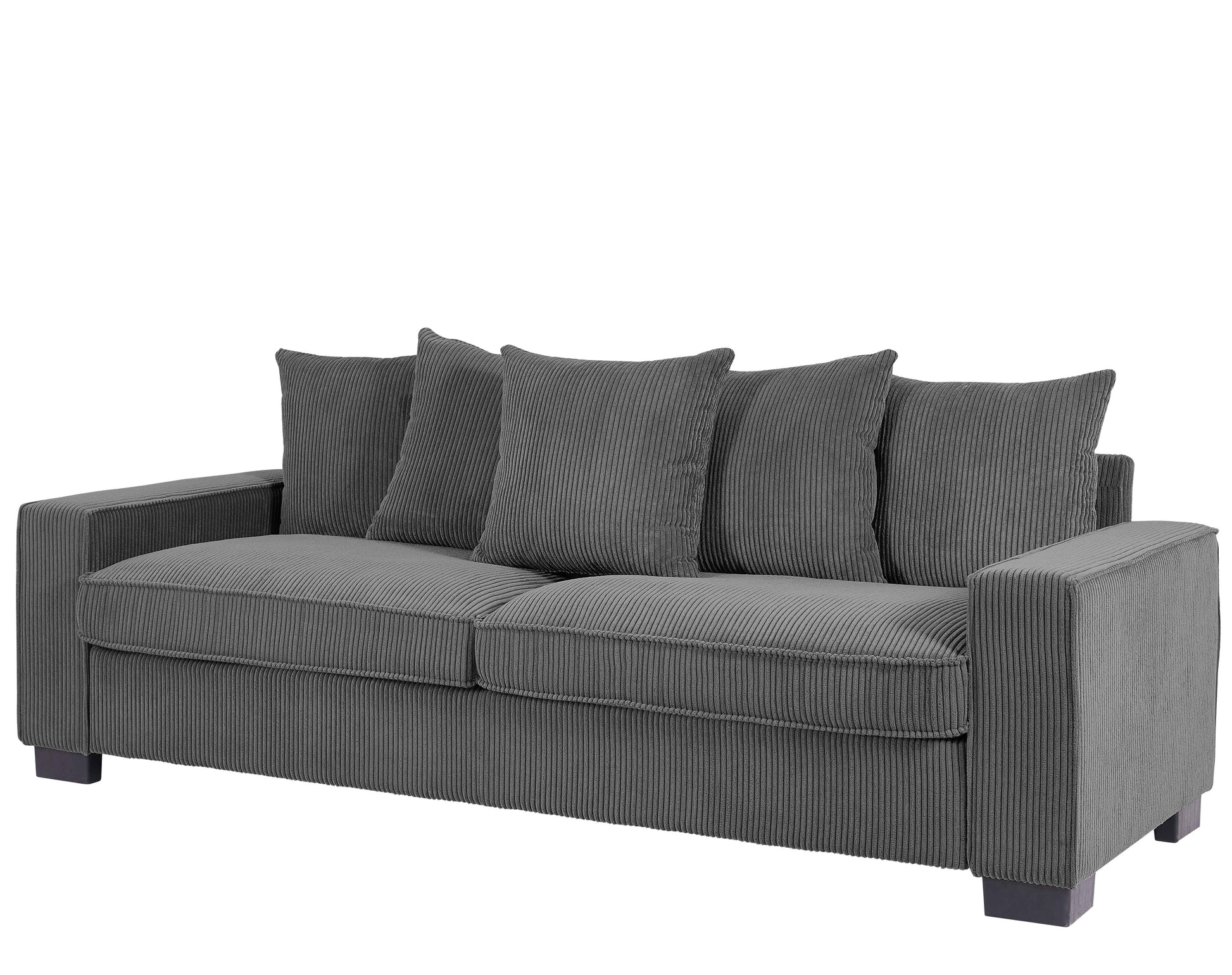 Gray corduroy sofa with four matching plush throw pillows for modern living rooms