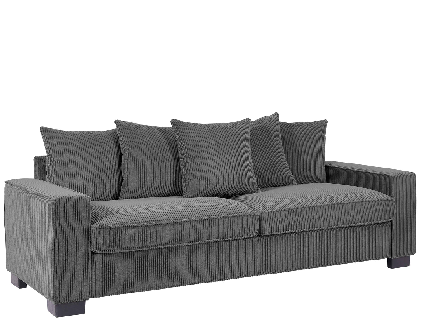 Dark gray corduroy sofa with four matching throw pillows perfect for a living room