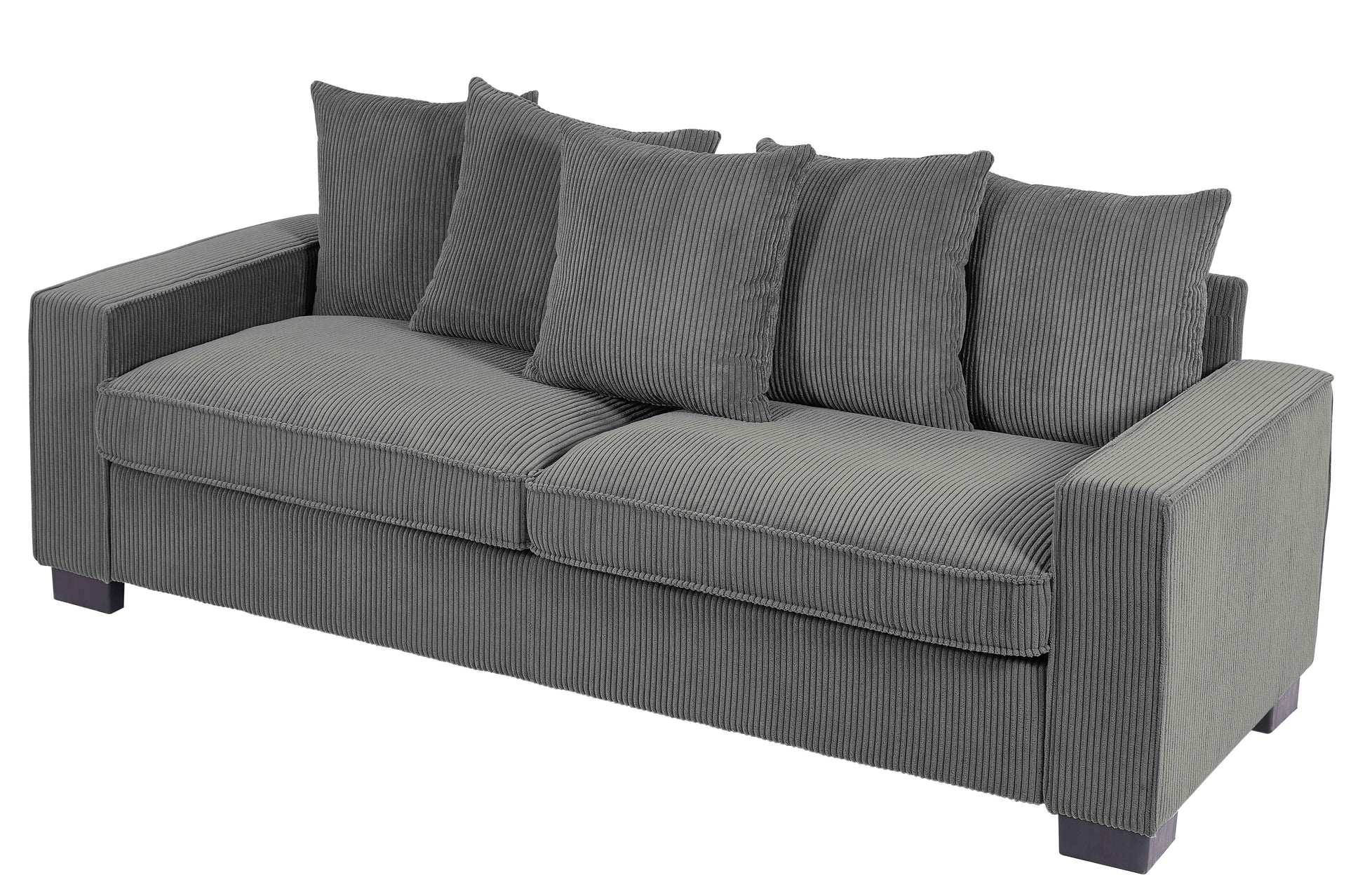 Comfortable charcoal corduroy sofa with plush throw pillows for living room seating