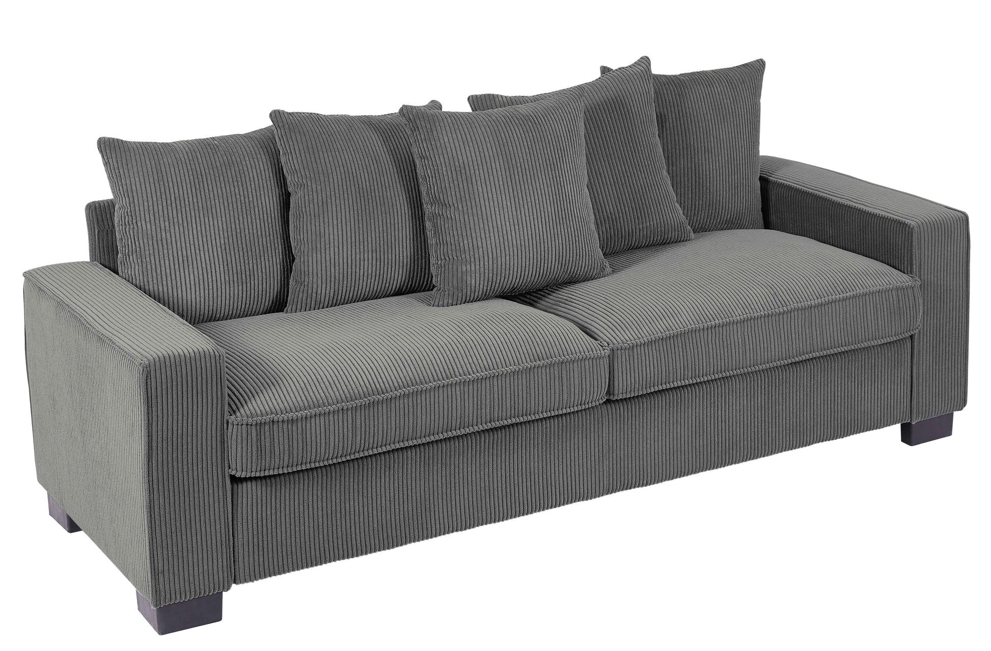 Gray corduroy threeseater sofa with plush throw pillows for living room comfort