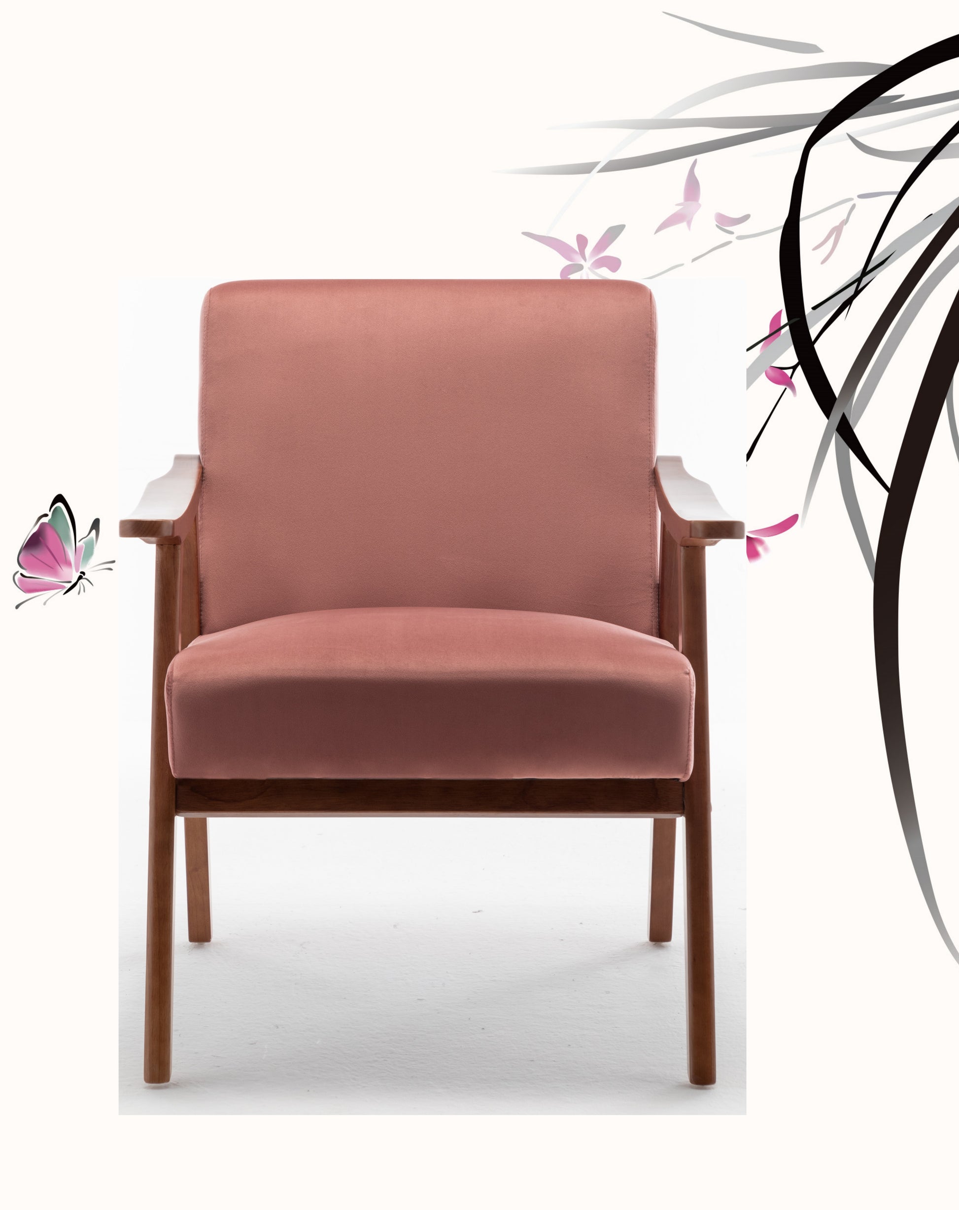 Coral velvet armchair with wooden frame and arms perfect for living room accent