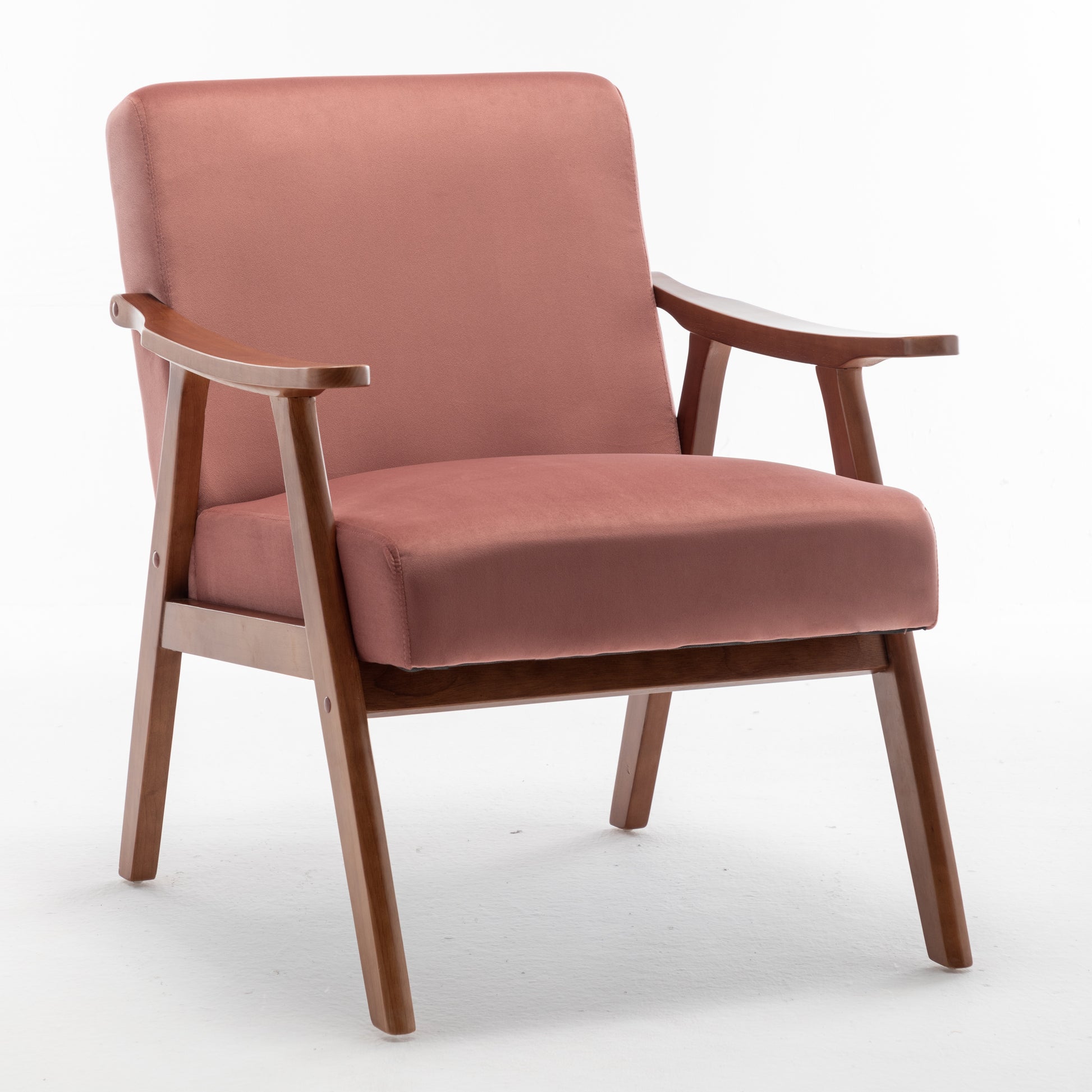 Dusty rose velvet armchair with midcentury modern wooden frame and armrests