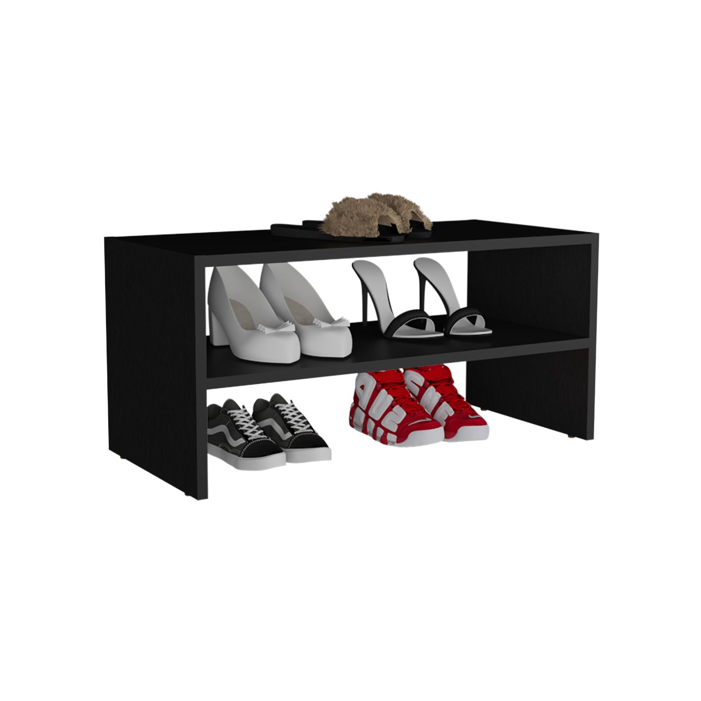Black twotier shoe rack with white pumps black heels fuzzy slides and sneakers