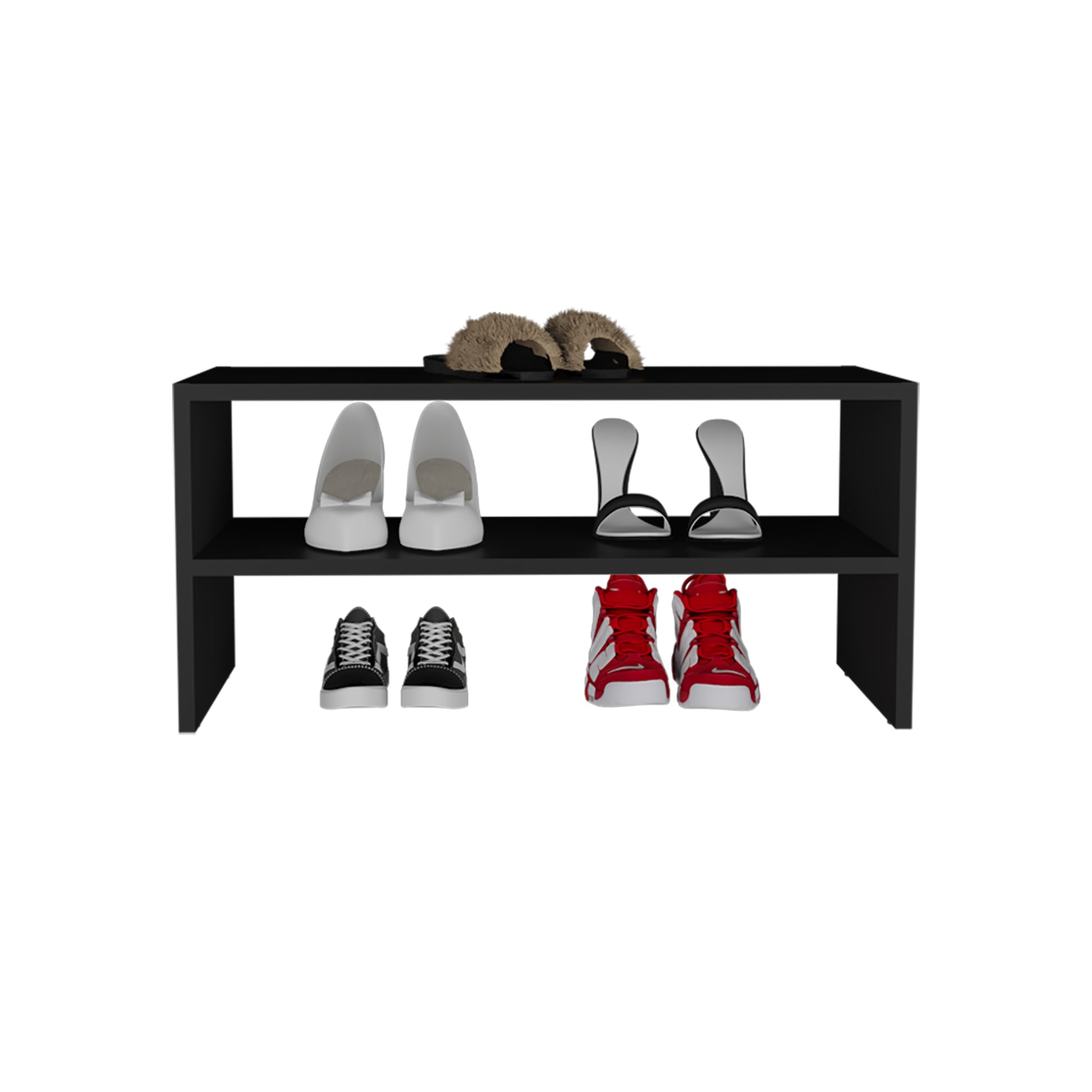 Fuzzy brown opentoe slippers displayed on a black shelf