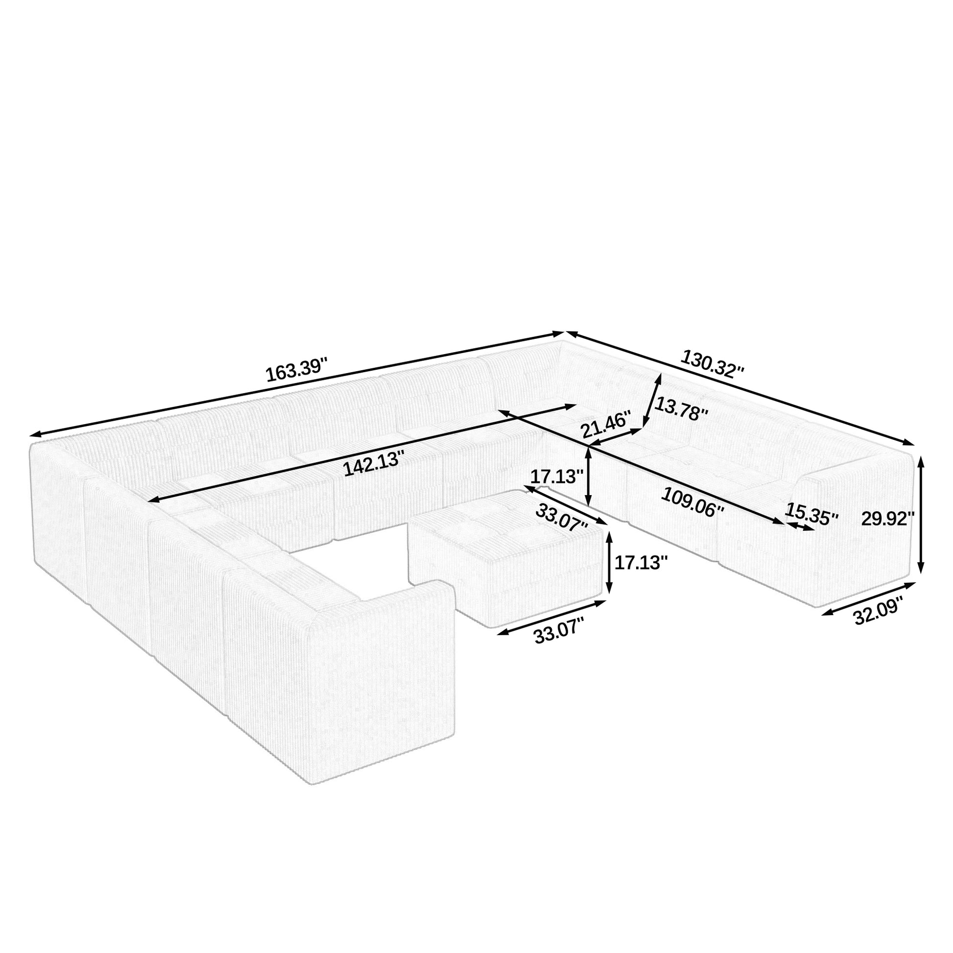 Diagram showing dimensions of a modern Ushaped sectional sofa with upholstered cushions