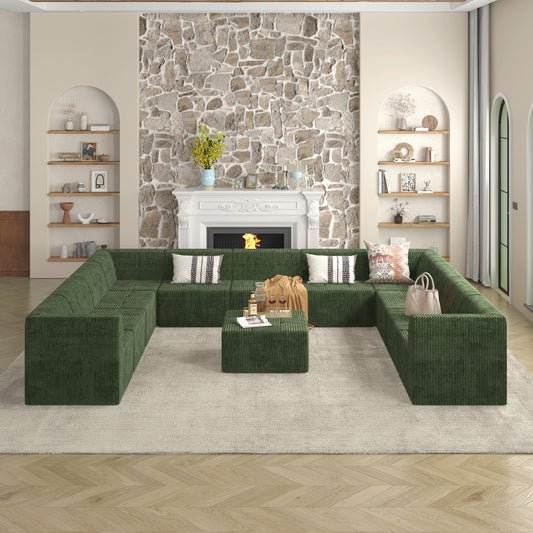 Deep green corduroy sectional sofa with plush cushions and throw pillows