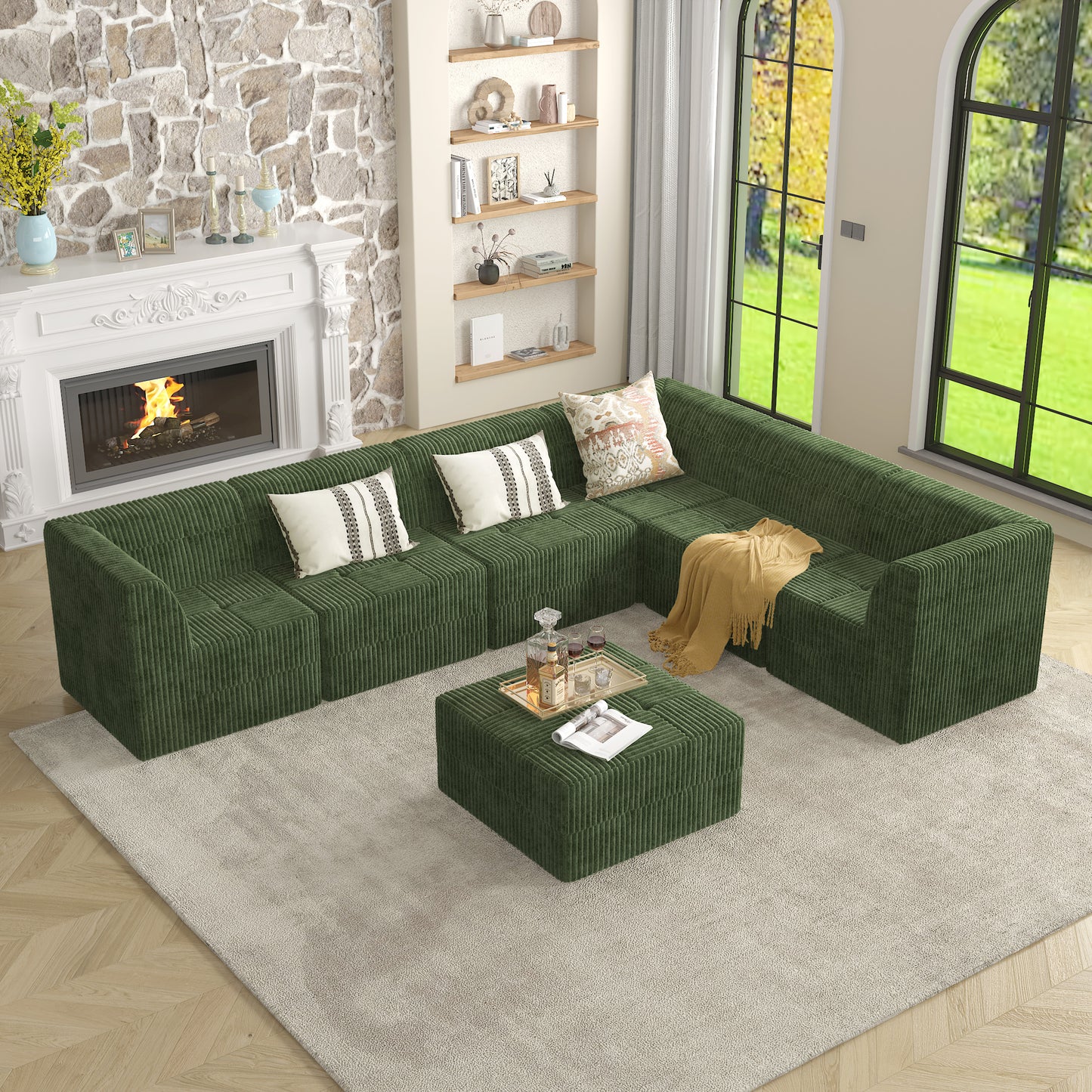 Green corduroy sectional sofa with plush texture and modular design perfect for modern living rooms