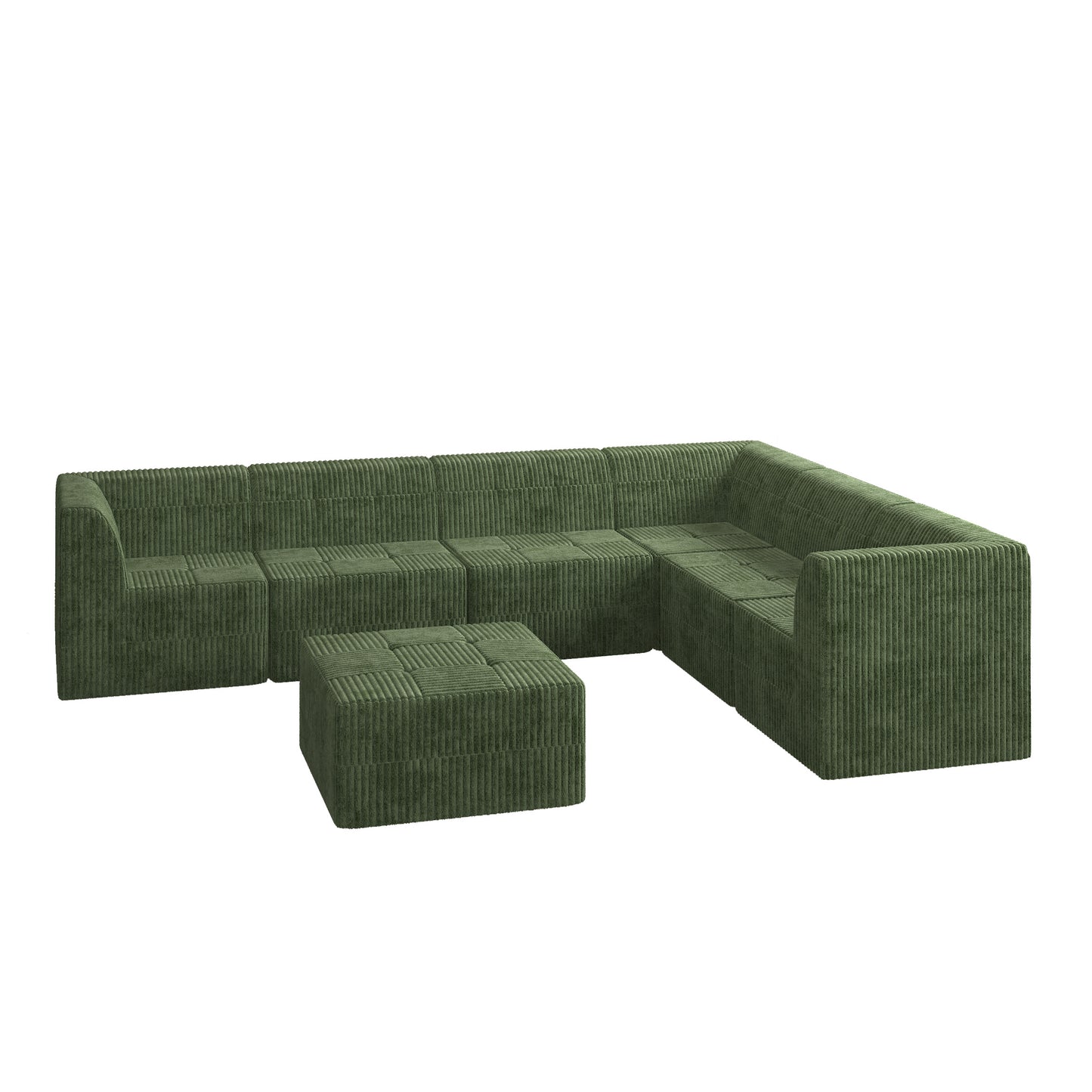Modular green corduroy sectional sofa with matching ottoman for versatile living room arrangements