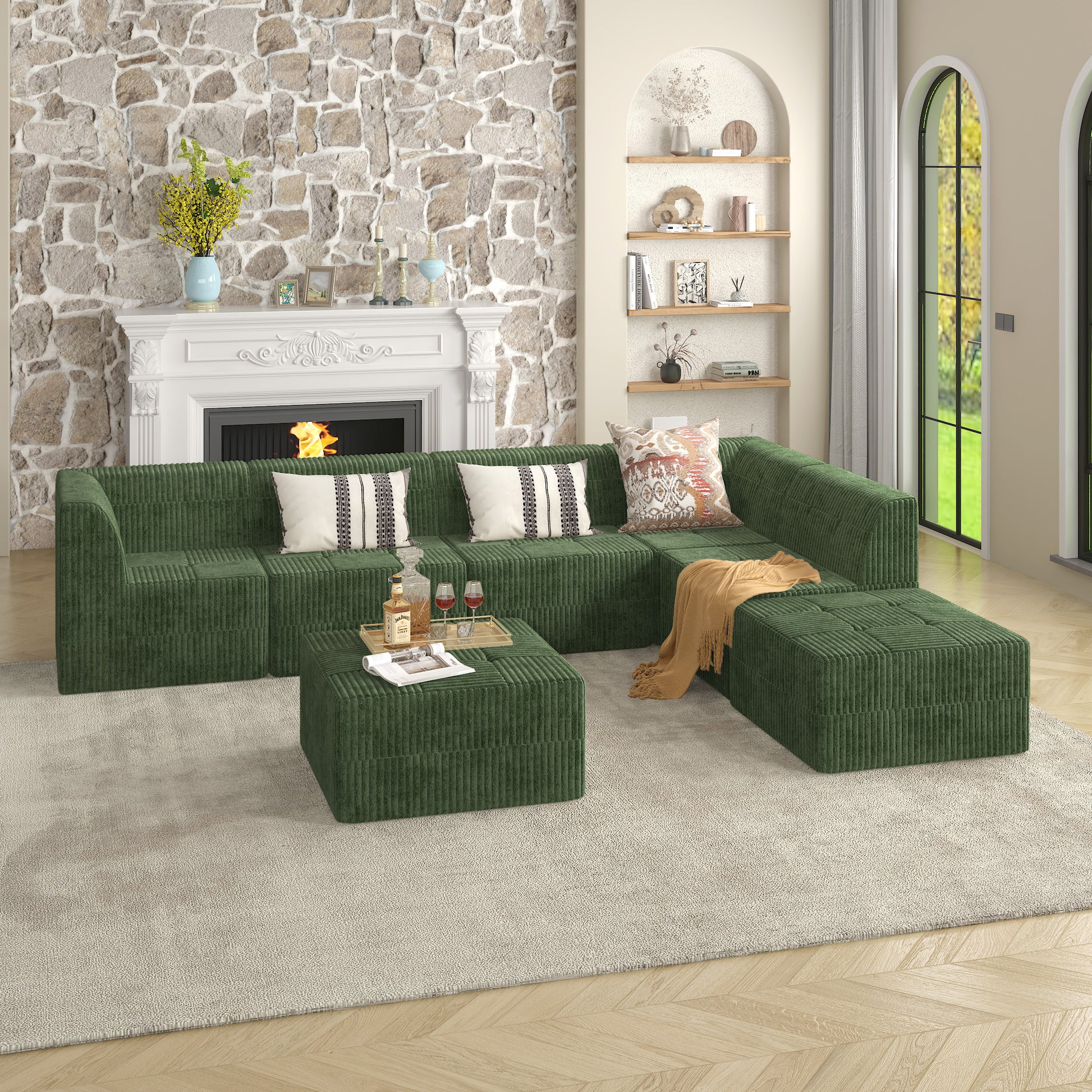 Deep green corduroy sectional sofa with modular seating featuring plush cushions and a modern design for living rooms