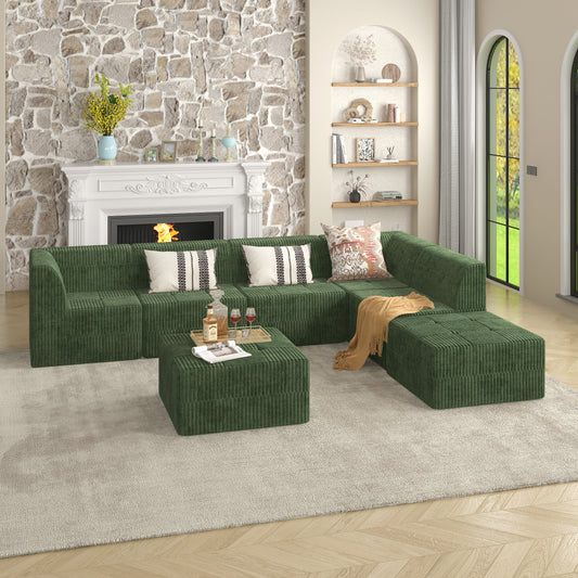 Deep green corduroy sectional sofa with modular seating featuring plush cushions and a modern design for living rooms