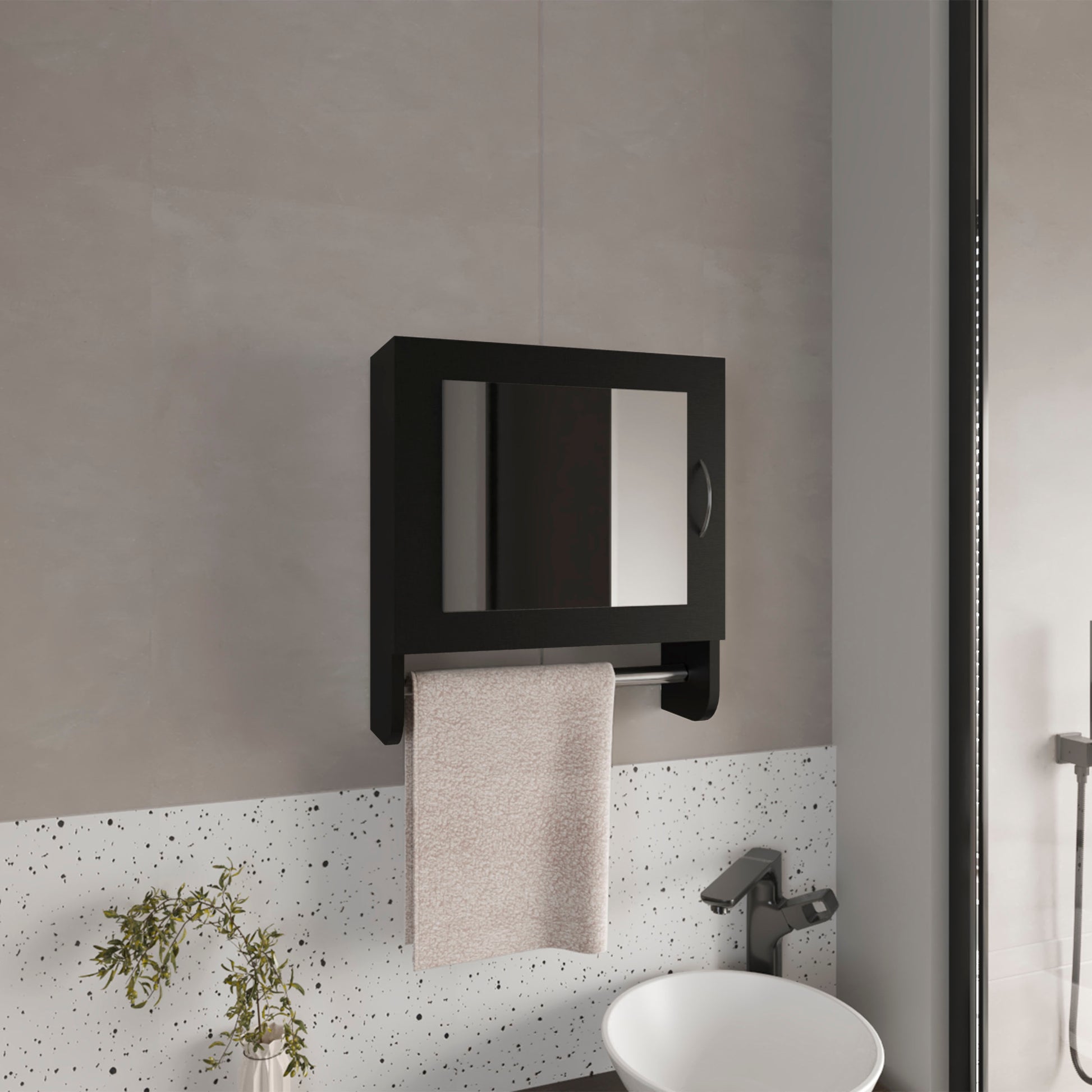 Black modern medicine cabinet with mirrored doors and towel bar