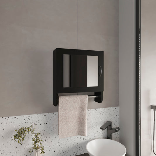 Black modern medicine cabinet with mirrored doors and towel bar