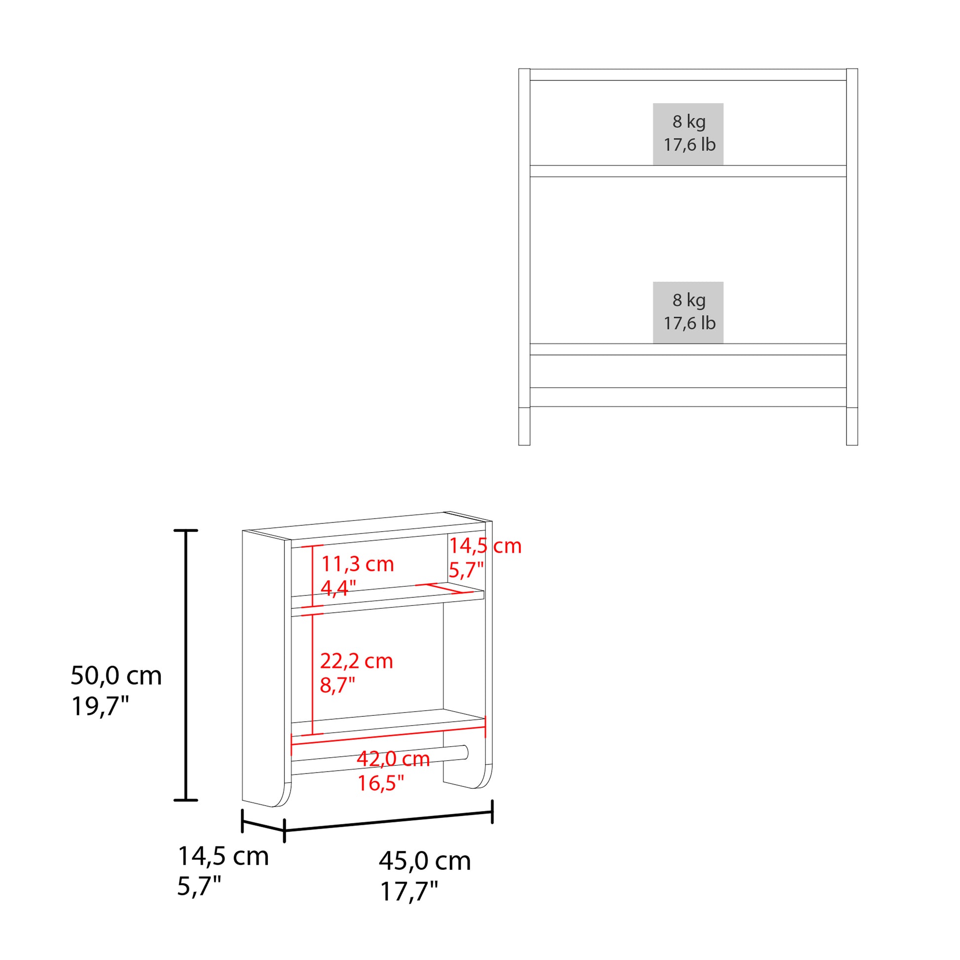 Technical drawing of a twoshelf bookcase with dimensions for height width and shelf depth