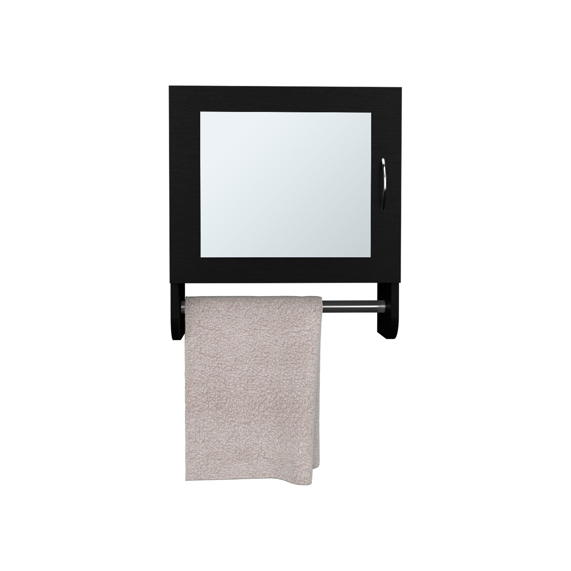 Black modern medicine cabinet with mirrored door and towel bar