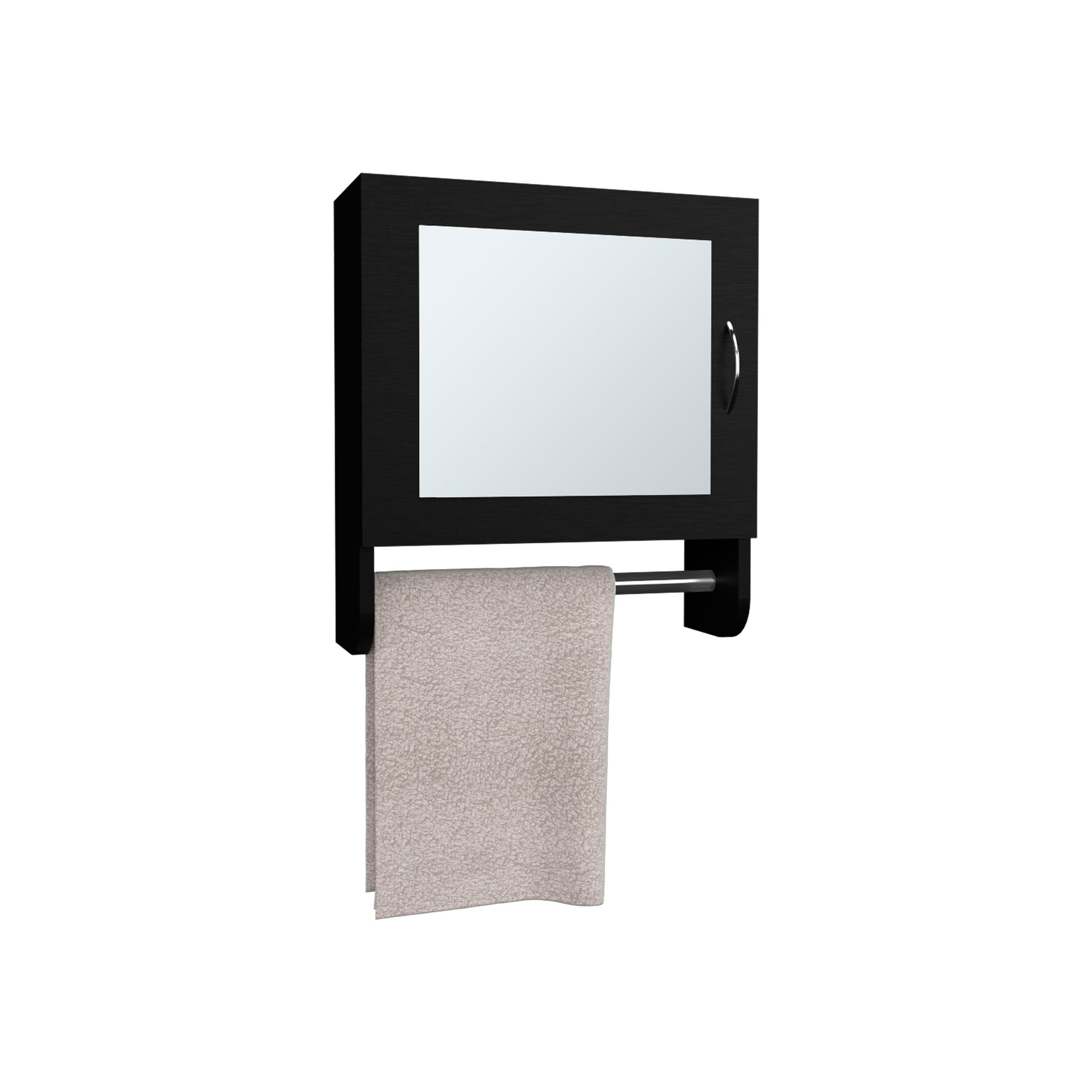 Modern black medicine cabinet with towel bar and beige towel