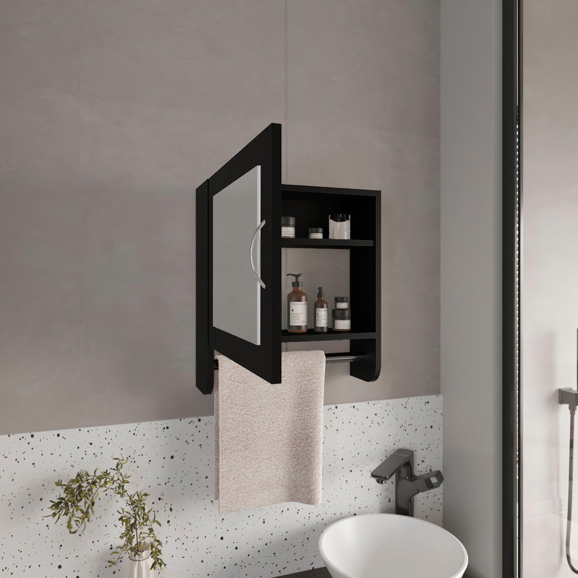 Modern black medicine cabinet with mirrored door open shelves and towel bar