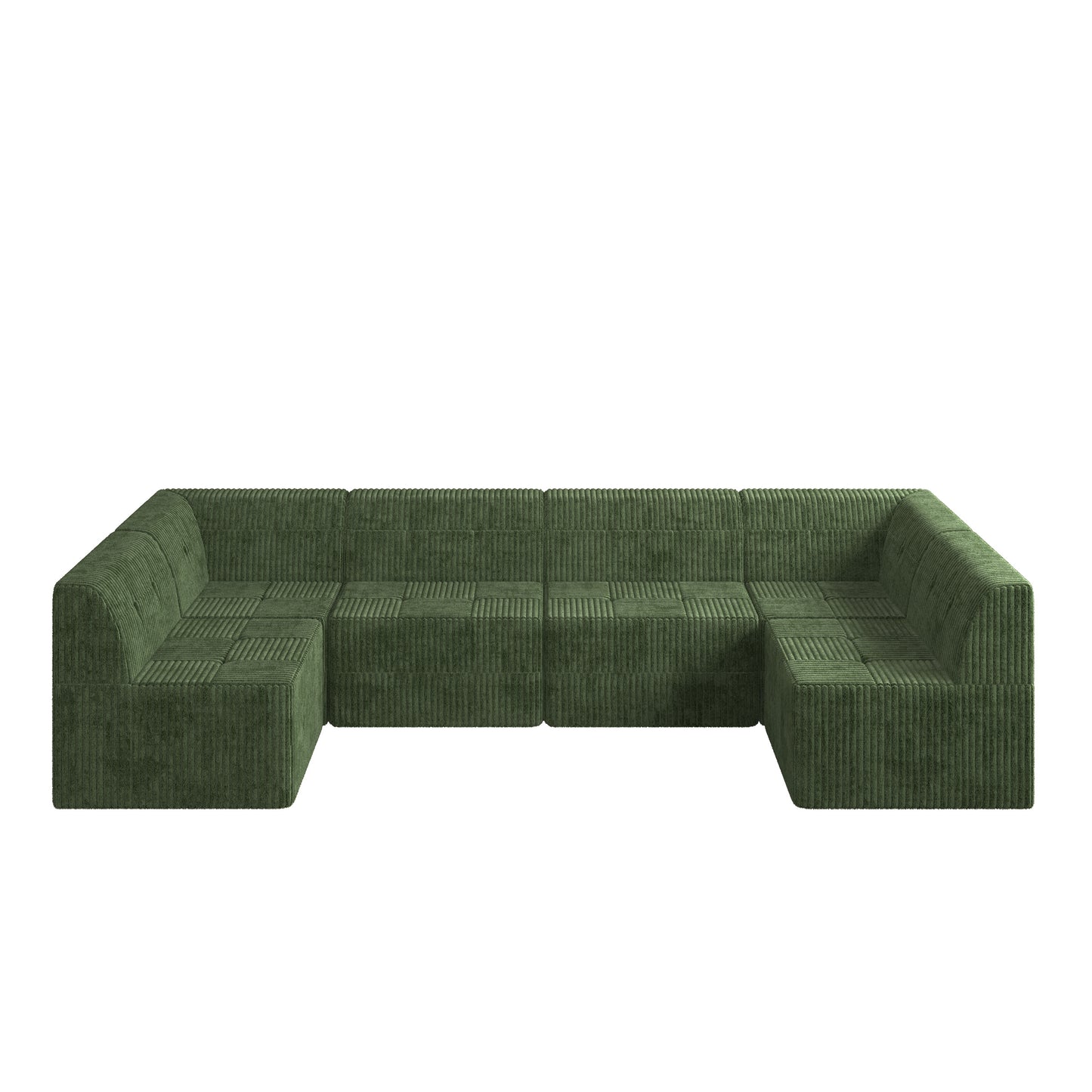 Green corduroy modular sofa with tufted square seating and Ushaped configuration for modern living spaces