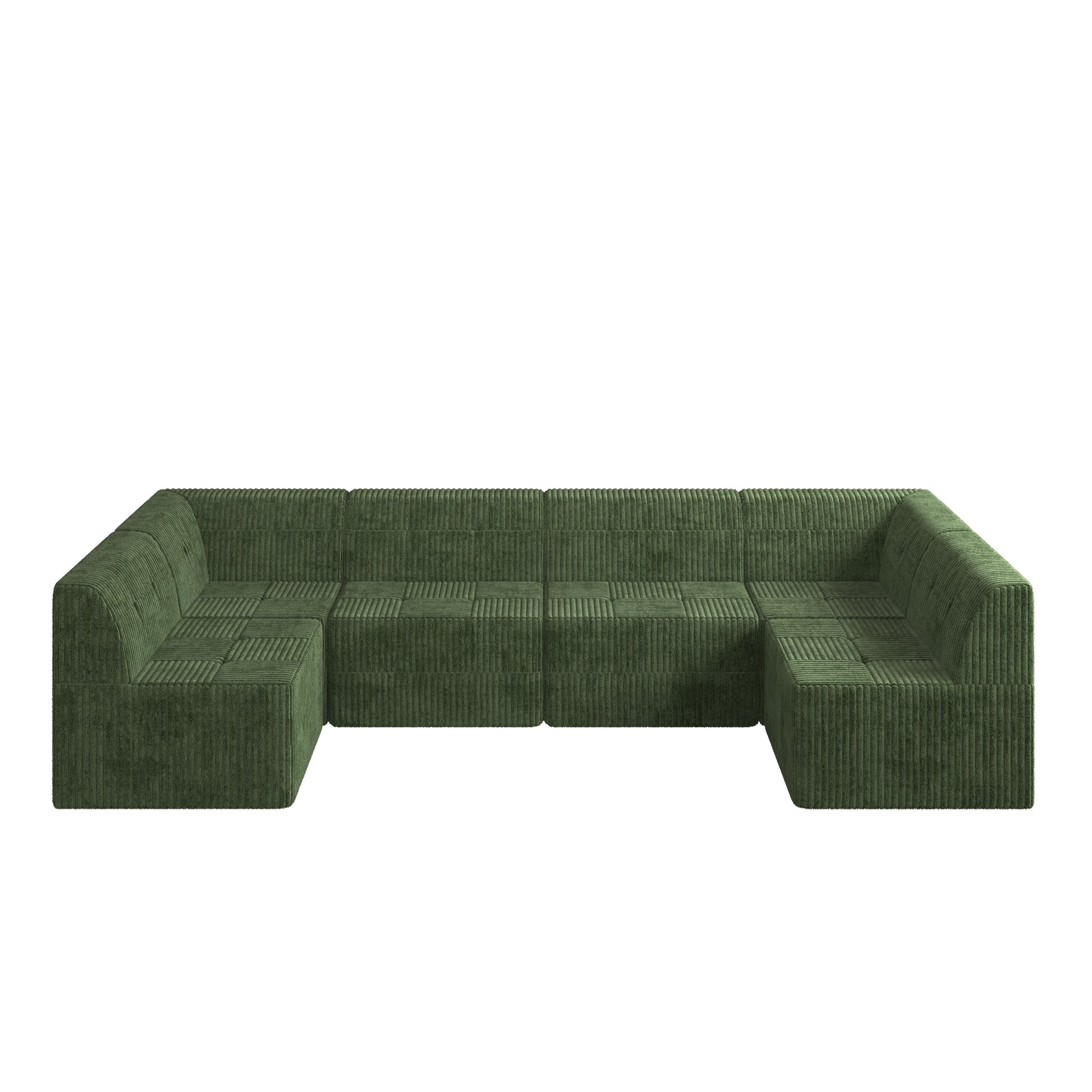 Green corduroy modular sofa with tufted square seating and Ushaped configuration for modern living spaces