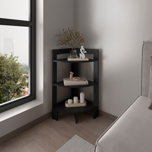 Black threetier corner shelf with decorative items and books