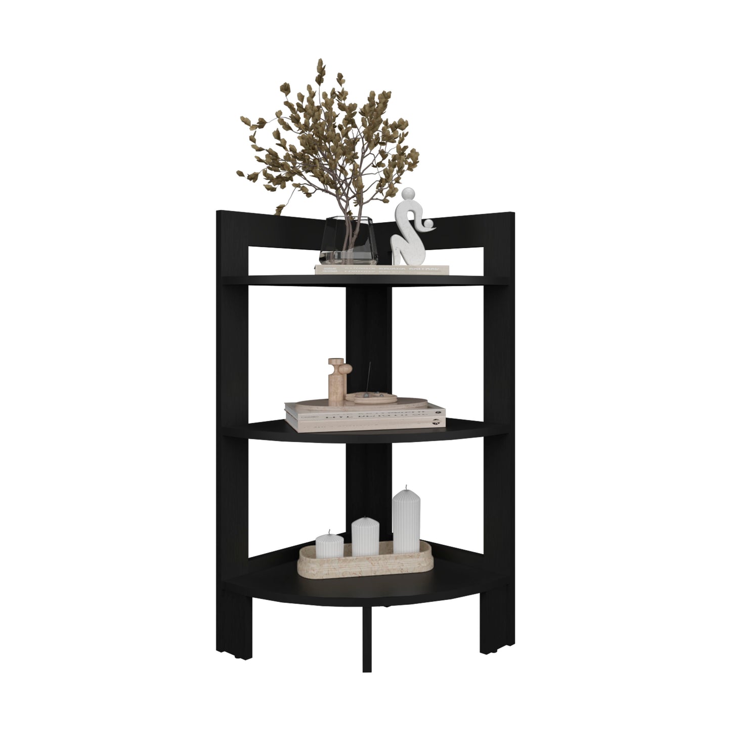 Black threetier corner shelf with decorative items and candles