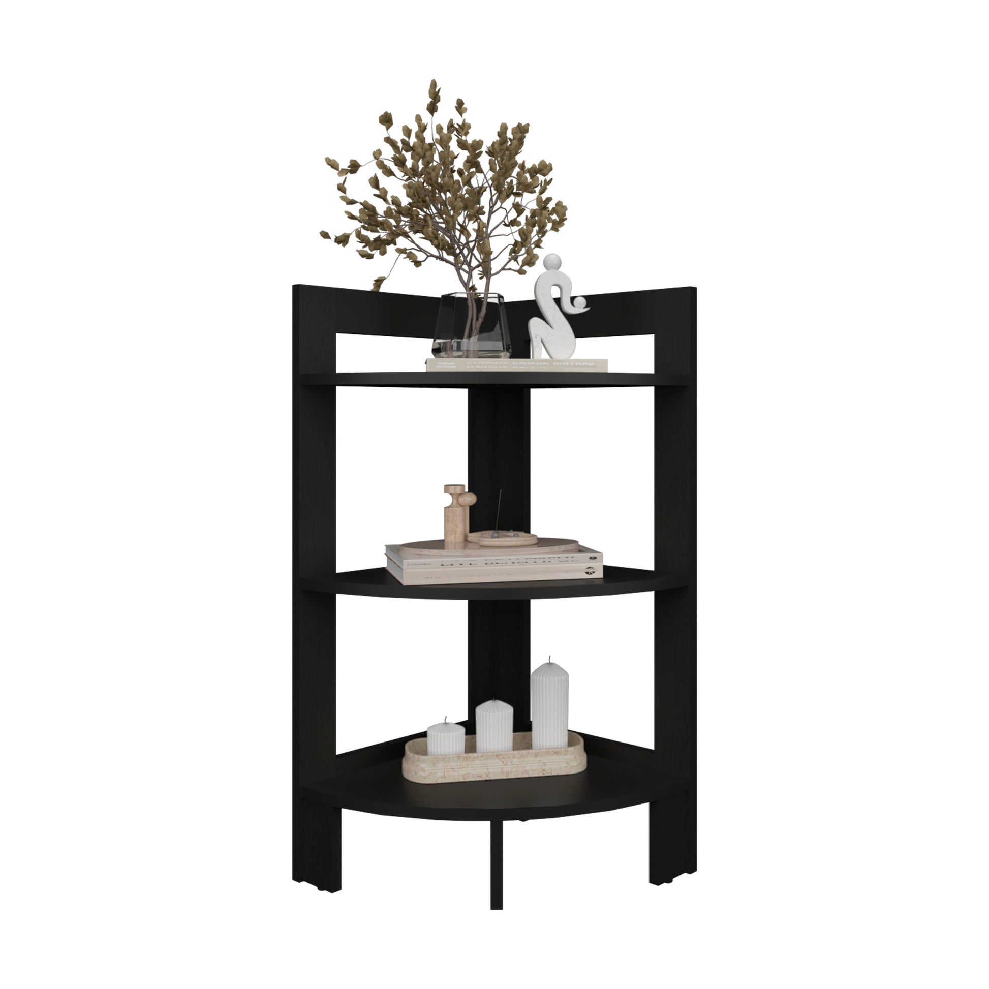 Black threetier corner shelf with decorative items and candles