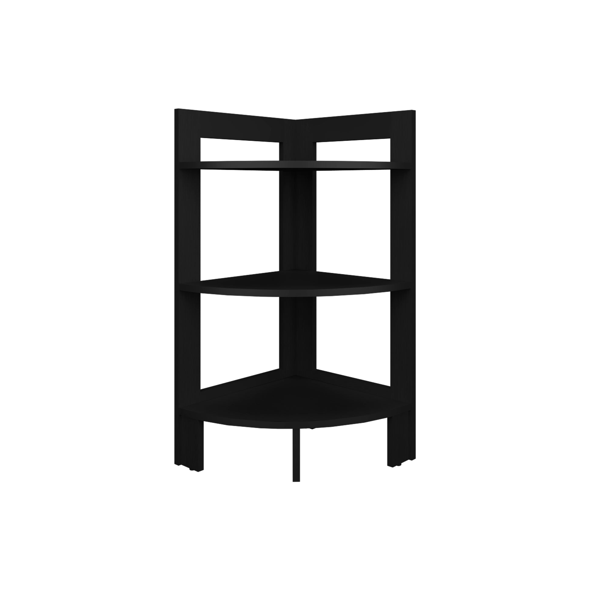 Black modern corner shelf unit with three tiers for display and storage