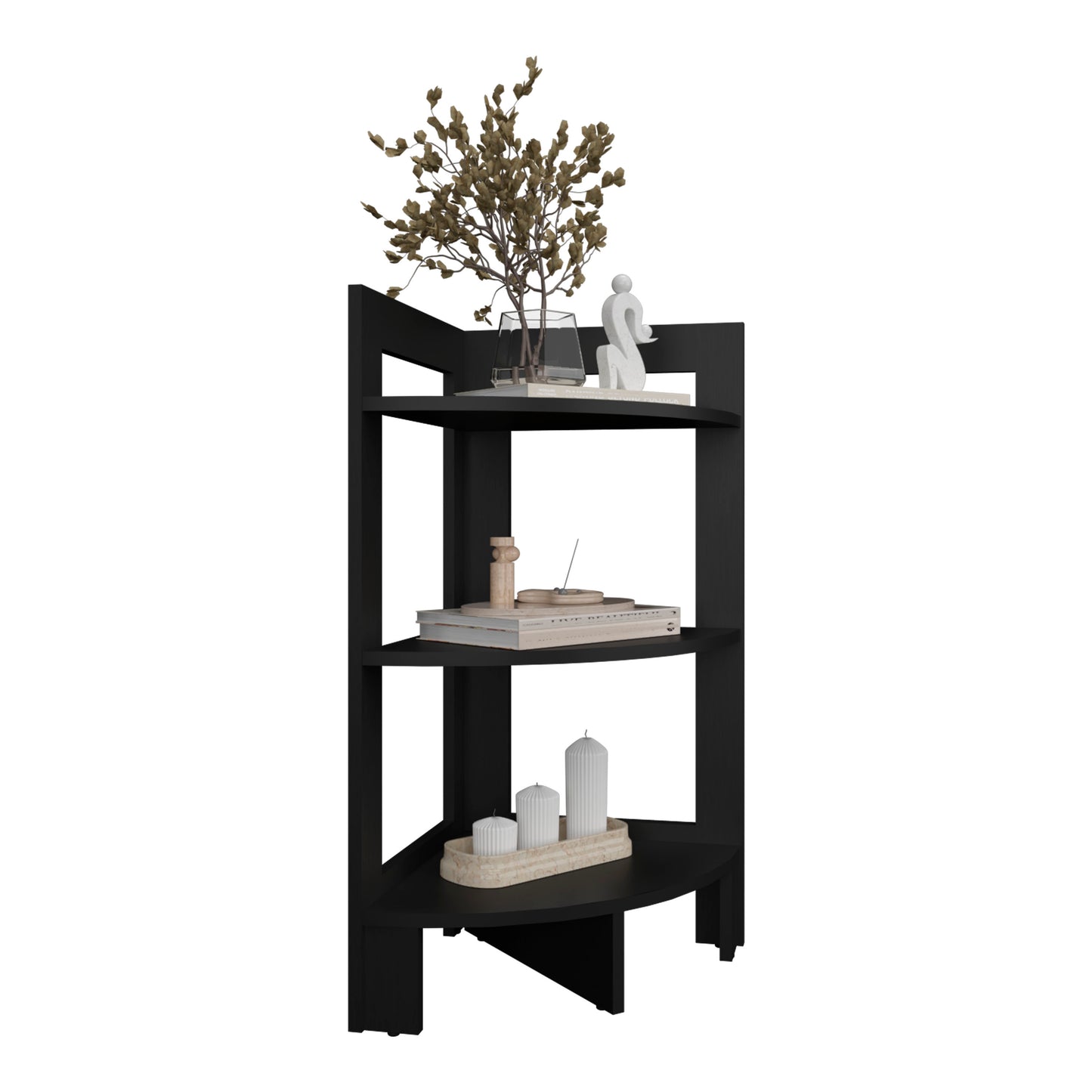 Black threetier corner shelf with modern minimalist design perfect for small spaces