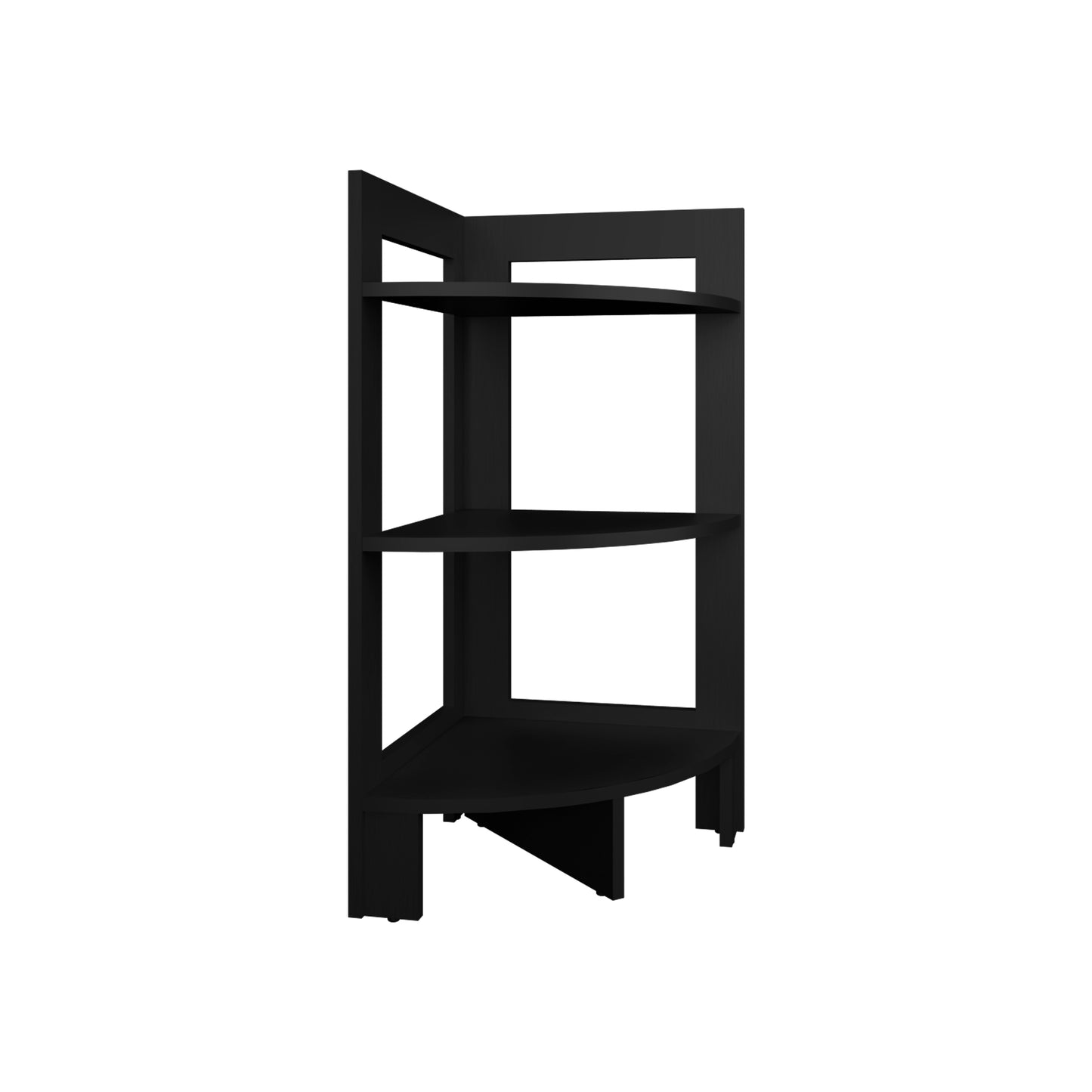 Black modern corner shelf unit with three tiers