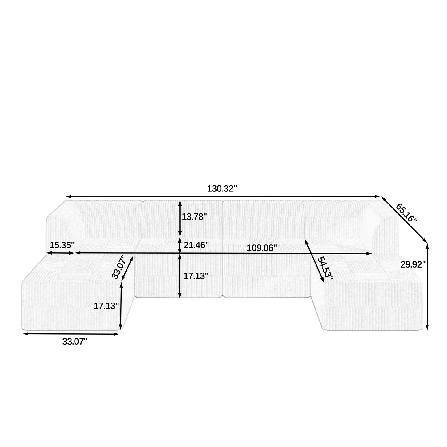 Diagram of a white Ushaped sectional sofa with dimensions  length  depth