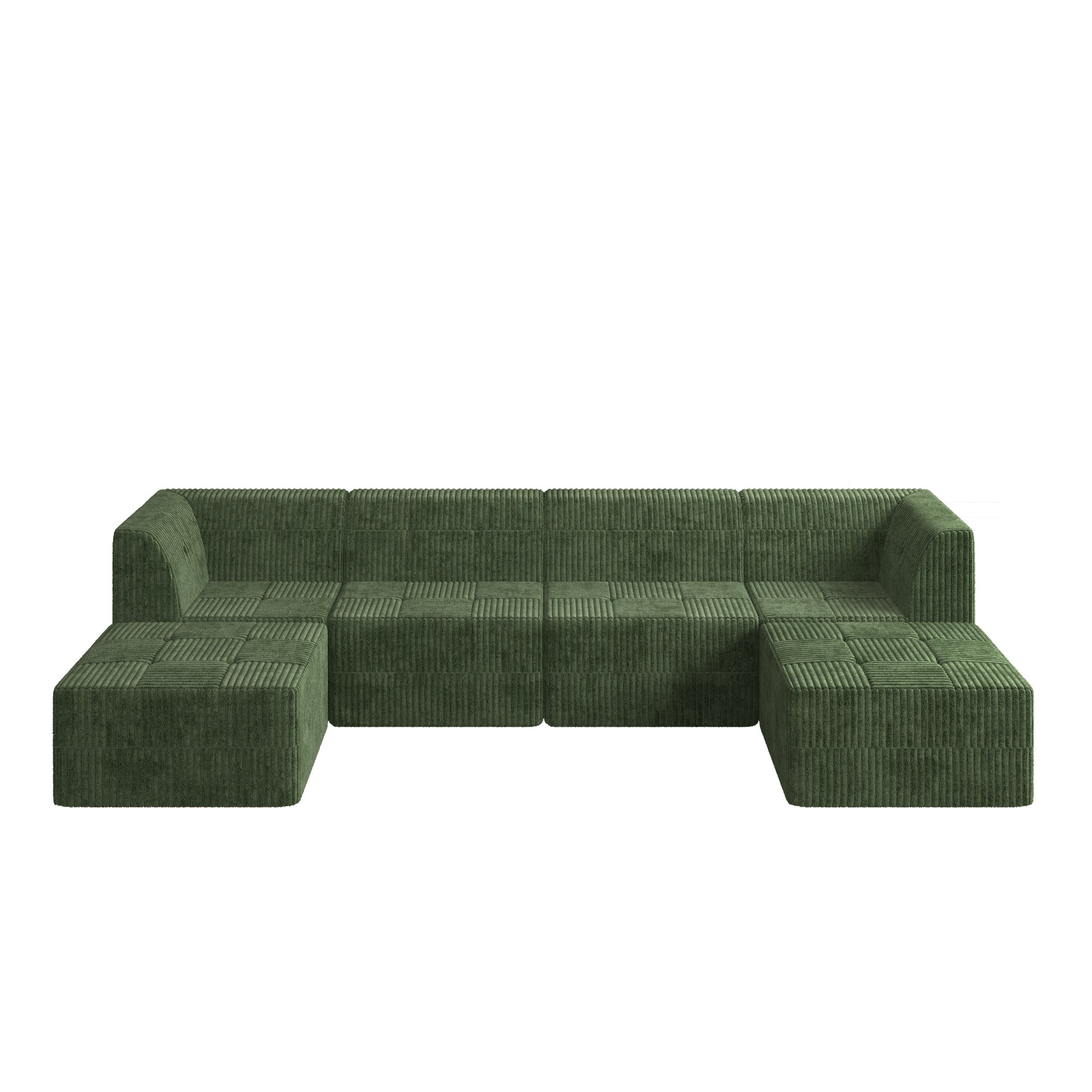Green corduroy sectional sofa with multiple modular units and two ottomans