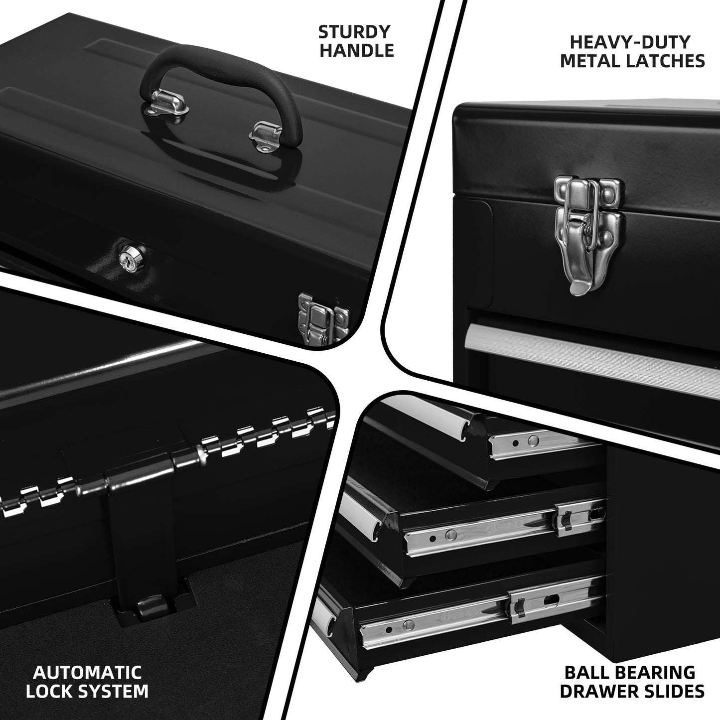 Black metal toolbox with a sturdy black rubberized handle for easy transport