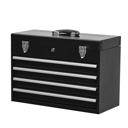 Black metal toolbox with four pullout drawers and silver handles perfect for garage storage