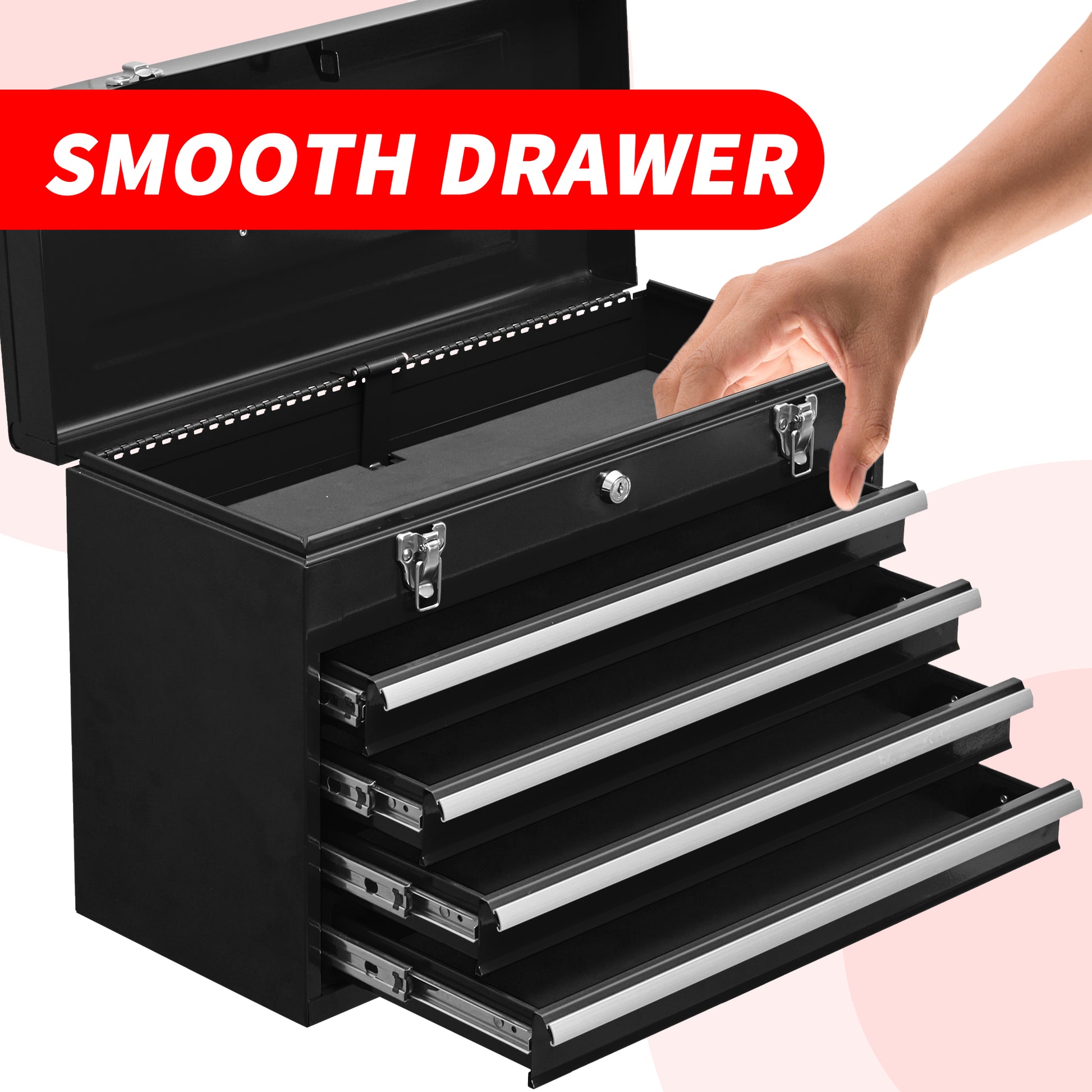 Black metal tool chest with  smooth drawer slides and silver accents for organization