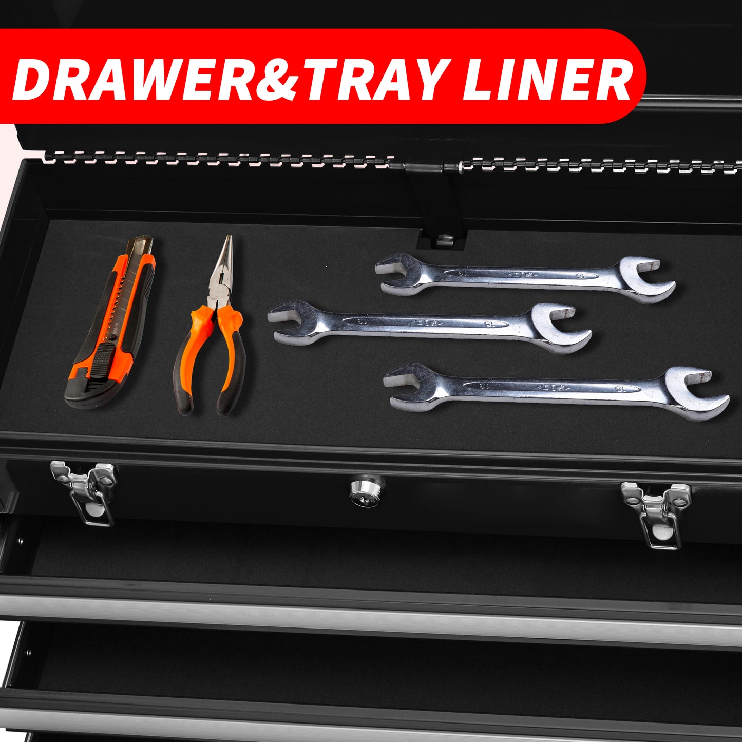 Black EVA foam drawer liner with tools for garage organization