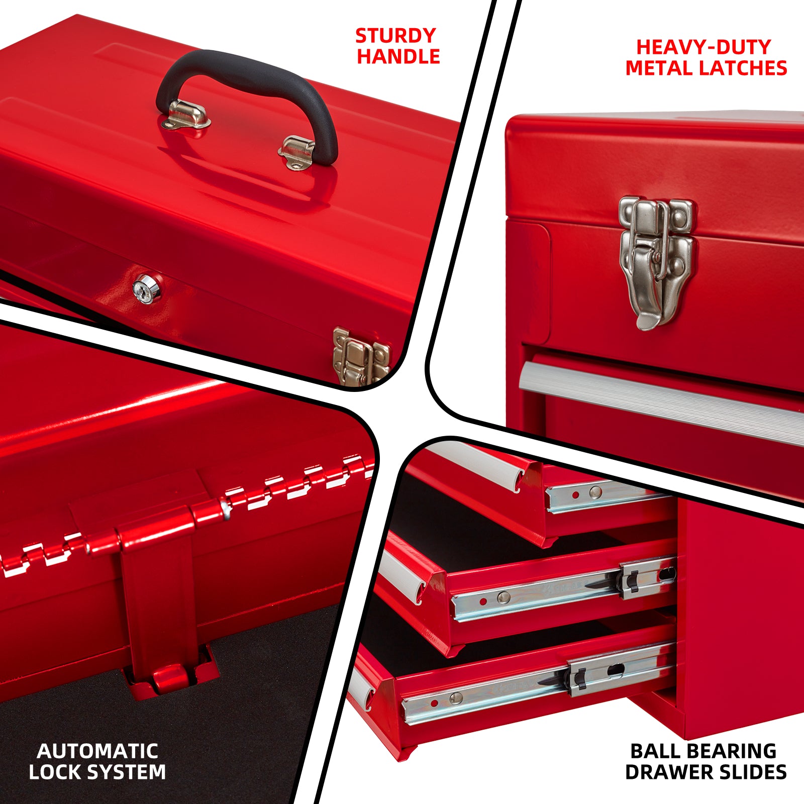 Red metal toolbox with black sturdy handle ideal for tool storage