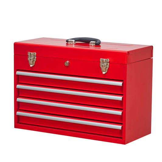 Red metal toolbox with four drawers and silver handles for tool organization
