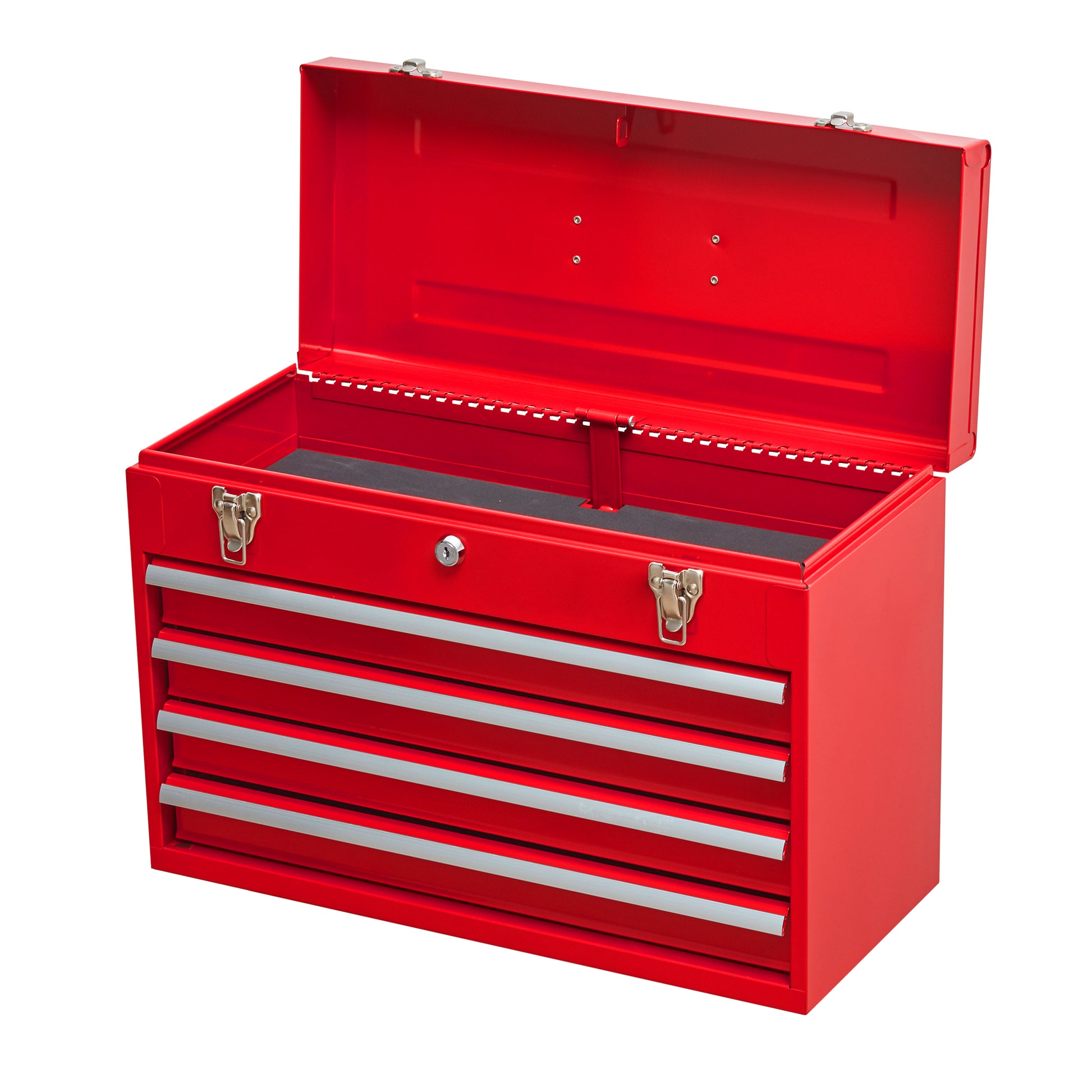 Red metal toolbox with four drawers and silver handles ideal for tool organization