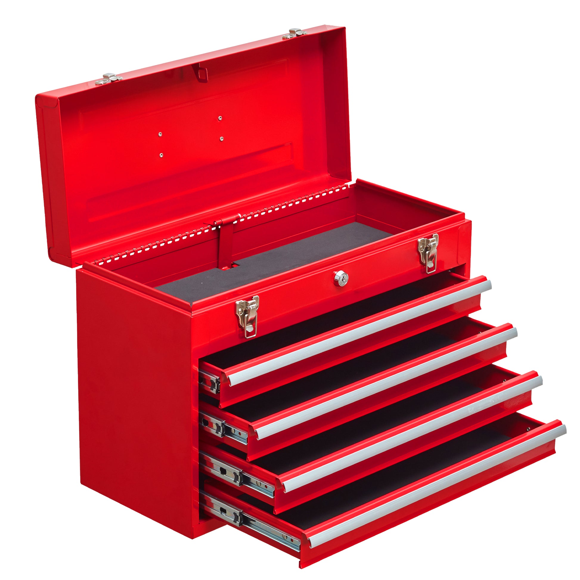 Red metal toolbox with four drawers and silver handles perfect for storing tools